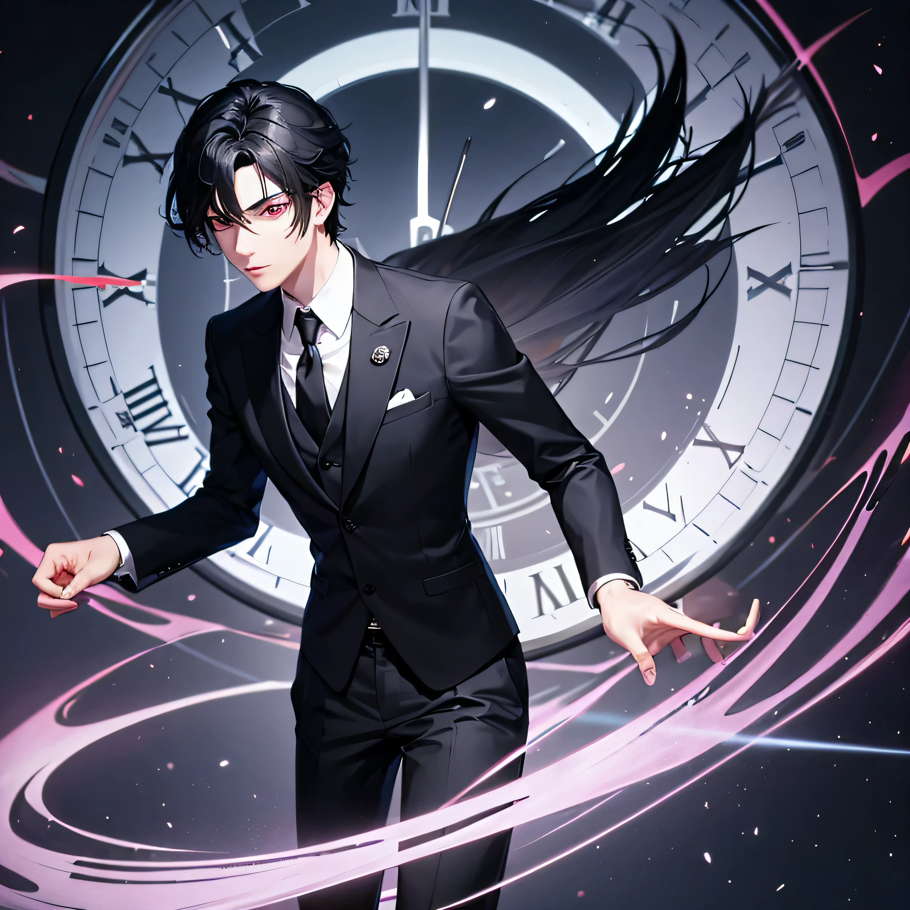 Male
Wears a suit and tie
in 20s
Magical and mysterious
Sinister
Black hair
Red eyes with irises shaped like clocks
Has gear accents on his outfit