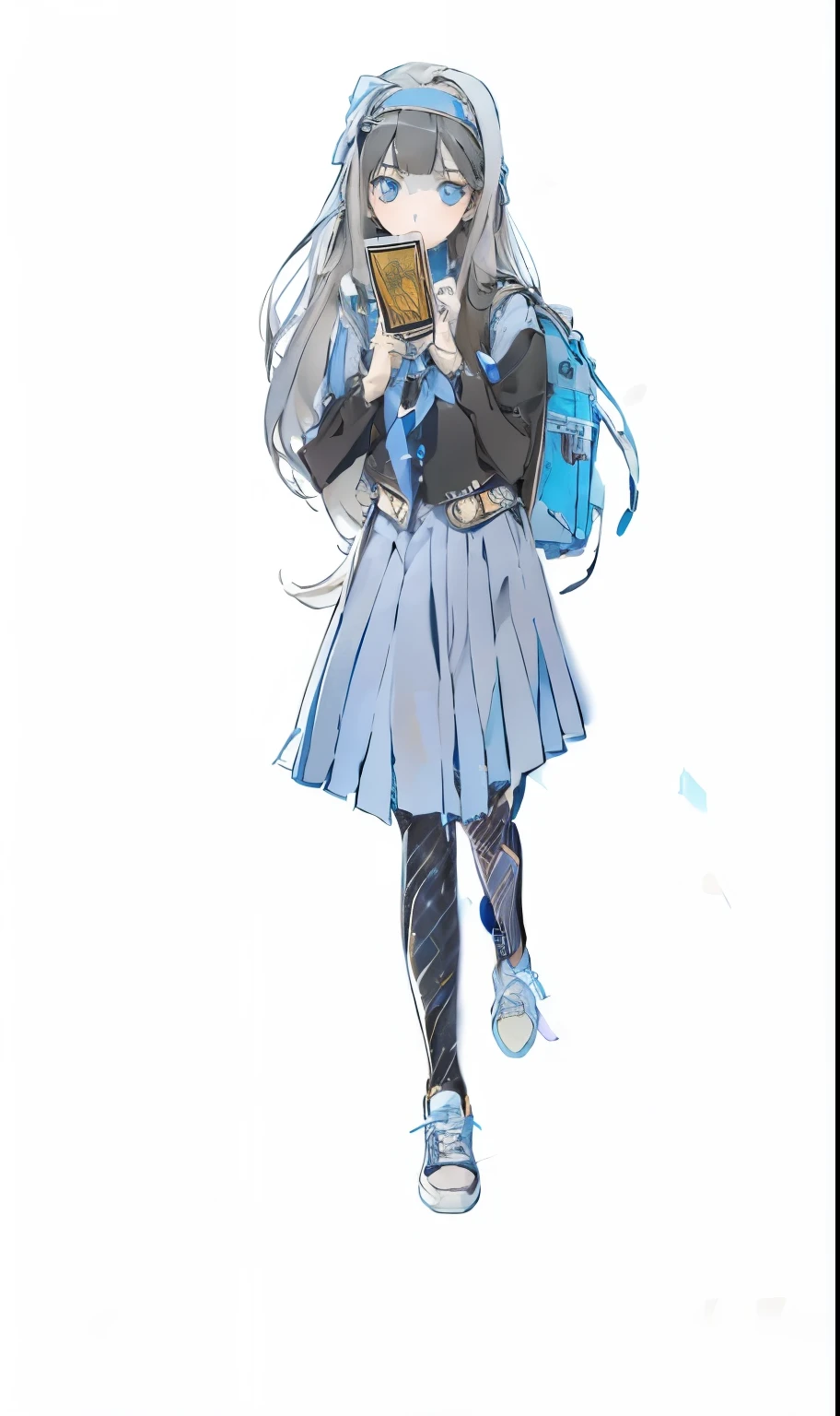 (masterpiece),(highest quality:1.1),(Super detailed),Shiny long hair、Black Hair、Headband、Bright blue eyes、1 Girl、************、((Girl))、Girl holding tarot cards、Light blue school bag、one piece、sneakers、tights、（White background）、Are standing