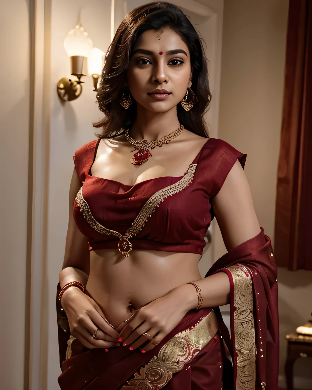 Tanvi in a deep red designer saree with intricate embellishments, luxurious fabrics, and a modern silhouette. Pair the saree with a stylish and intricately embellished blouse that complements the saree. Statement necklace and earrings. Realistic photo. Best quality.