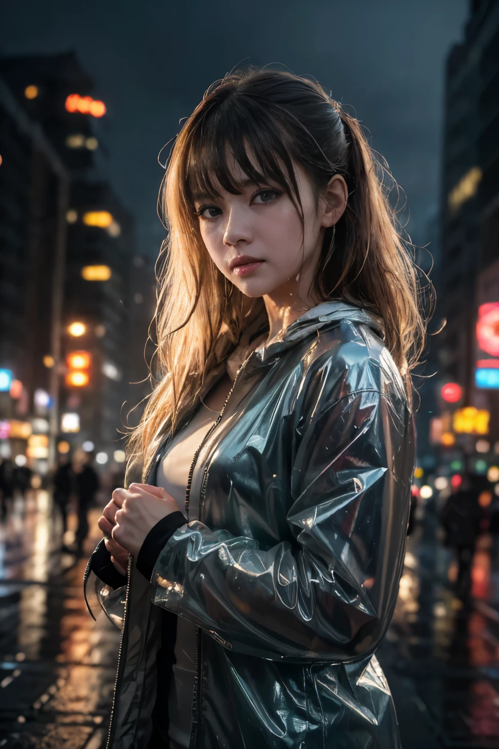 (8k Raw Photo,highest quality,Hyperrealistic:1.5,masterpiece:1.2), (Realistic, photo-Realistic:1.37), One girl, (J-Pop Idol) cute, clear amber eyes, Cityscape, rain, Wet Hair,Medium Hair,Wet clothes, Professional Lighting, Photon Mapping, Radio City, Physically Based Rendering, 