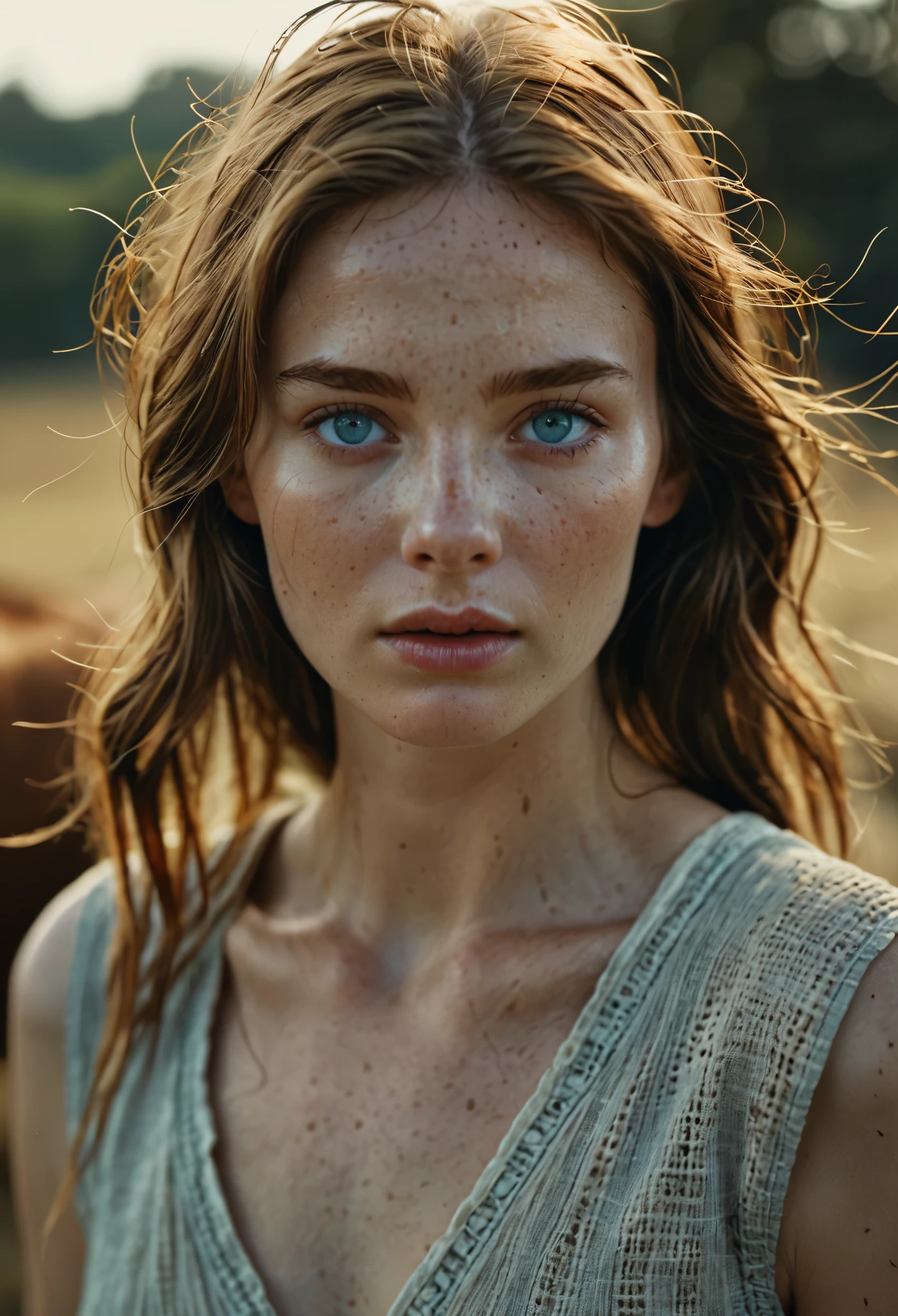 cinematic film still 25 year old farm girl,no make up,plain,photograph,highly detailed face,depth of field,moody light,golden hour,style by Dan Winters,Russell James,Steve McCurry,centered,extremely detailed,Nikon D850,award winning photography,waist up visible,pale blue eyes,lightly freckled,soft eyes,natural skin,high detailed face,high detailed cloth,(pale skin:1.2),glossy photo,Hyperrealistic art cinematic film still photography in the style of detailed hyperrealism photoshoot,RAW,color graded portra 400 film,remarkable color,realistic dull skin noise,Thorough,analog style,highest quality,skin pores,sharp focus,dappled lighting,film grain,photographed on a Sony A7R IV,18mm F/1.7 cine lens,(highly detailed, intricately detailed),8k,HDR,. shallow depth of field,vignette,highly detailed,high budget,bokeh,cinemascope,moody,epic,gorgeous,film grain,grainy