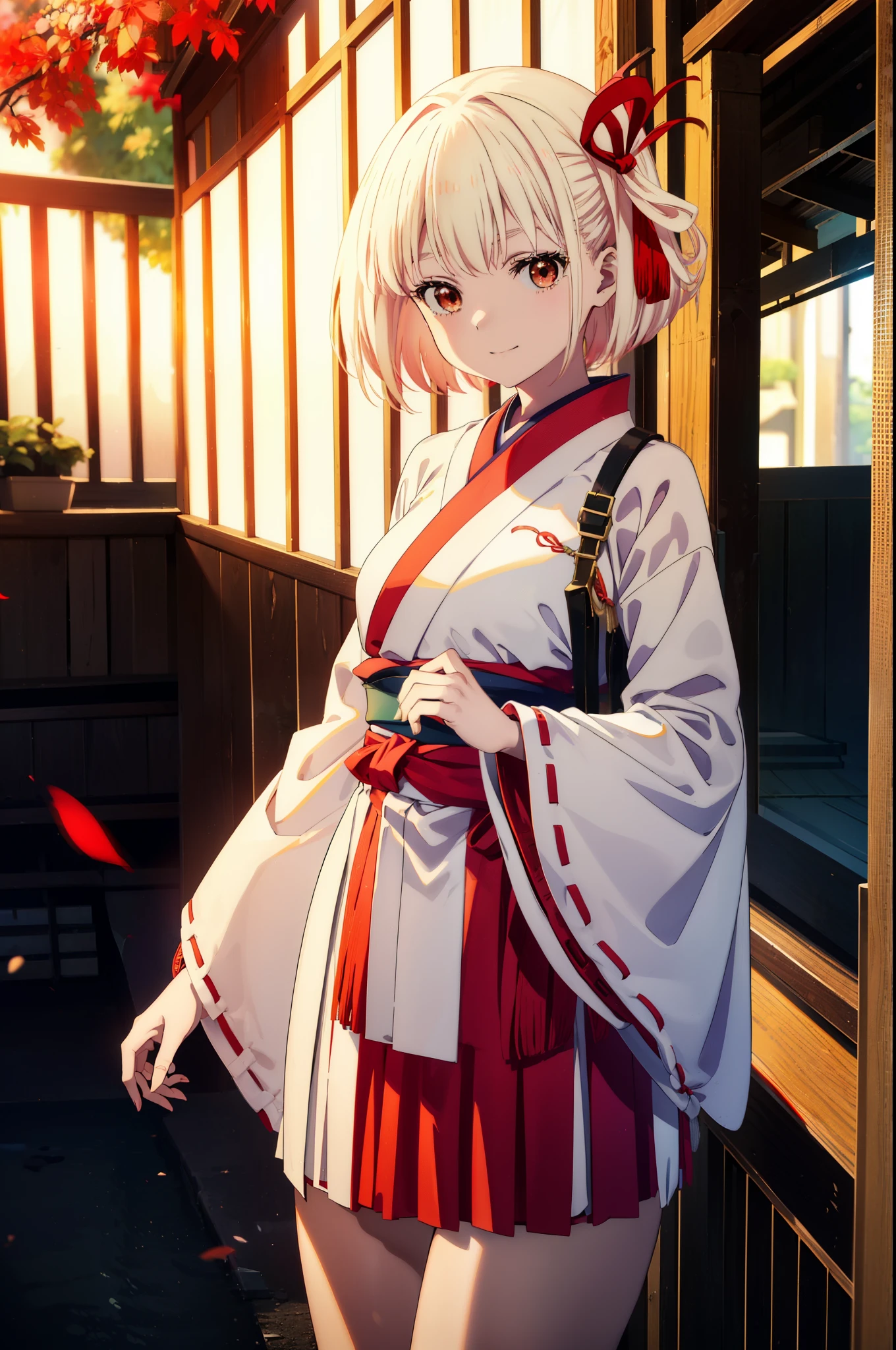 chisatonishikigi, Chisato Nishikigi, short hair, bangs, Blonde, (Red eyes:1.5), hair ribbon, One side up, happy smile, smile, Open your mouth,Bobcut,Platycodon grandiflorum,Miko, White Kimono, Thick sleeves,kimono,red hakama, White tabi,Sandals,Wide sleeves, Long sleeve, Ribbon-trimmed sleeves,
break outdoors, shrine,torii,
break looking at viewer, (Cowboy Shot:1.5),
break (masterpiece:1.2), highest quality, High resolution, unity 8k wallpaper, (figure:0.8), (Beautiful fine details:1.6), Highly detailed face, Perfect lighting, Highly detailed CG, (Perfect hands, Perfect Anatomy),
