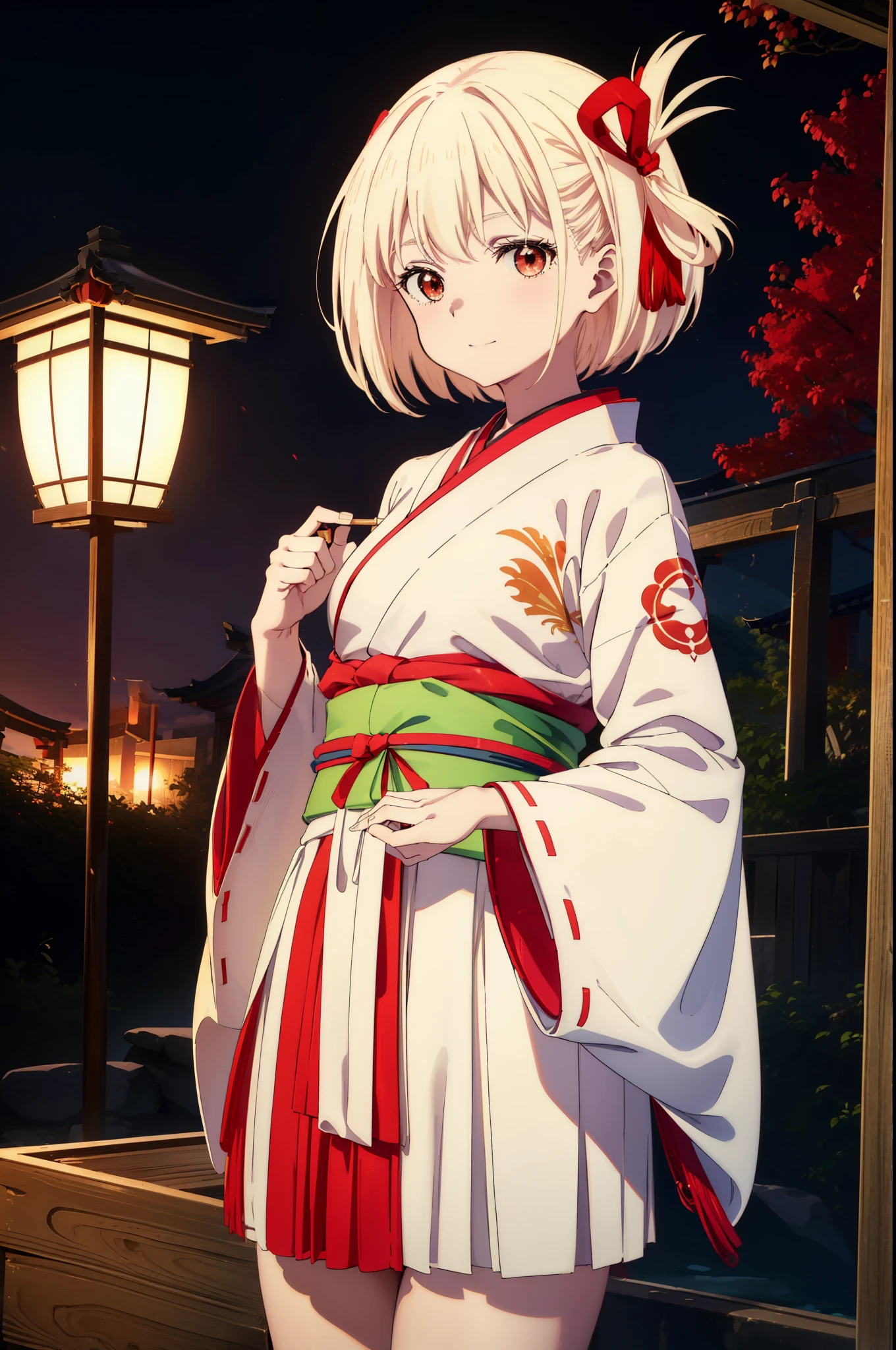 chisatonishikigi, Chisato Nishikigi, short hair, bangs, Blonde, (Red eyes:1.5), hair ribbon, One side up, happy smile, smile, Open your mouth,Bobcut,Platycodon grandiflorum,Miko, White Kimono, Thick sleeves,kimono,red hakama, White tabi,Sandals,Wide sleeves, Long sleeve, Ribbon-trimmed sleeves, 
break outdoors, shrine,torii,
break looking at viewer, (Cowboy Shot:1.5),
break (masterpiece:1.2), highest quality, High resolution, unity 8k wallpaper, (figure:0.8), (Beautiful fine details:1.6), Highly detailed face, Perfect lighting, Highly detailed CG, (Perfect hands, Perfect ???????),