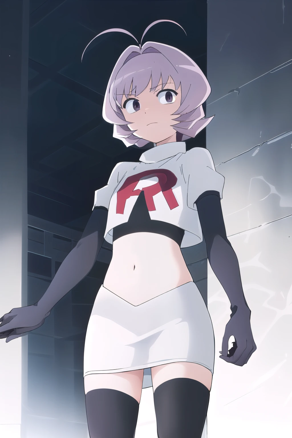 masterpiece, absurdres,male focus, trap, crossdressing,1boy,ON, solo, looking at viewer, team rocket,team rocket uniform,white skirt,red letter R,crop top,black thigh-highs,black elbow gloves, , perfect quality, good quality, masterpiece, HDR, UHD
