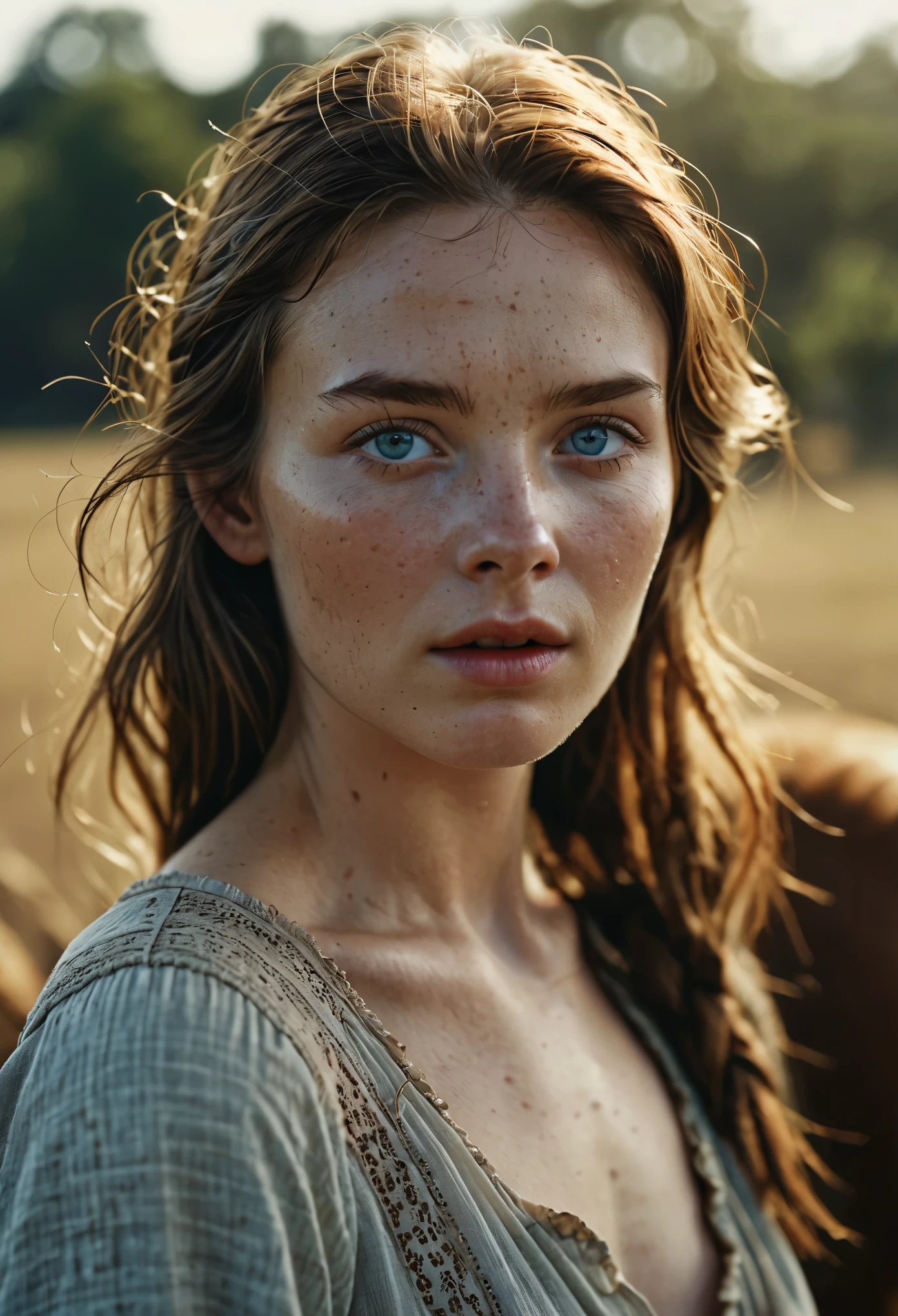 cinematic film still 25 year old farm italian girl,no make up,plain,photograph,highly detailed face,depth of field,moody light,golden hour,style by Dan Winters,Russell James,Steve McCurry,centered,extremely detailed,Nikon D850,award winning photography,waist up visible,lightly freckled,soft eyes,natural skin,high detailed face,high detailed cloth,(pale skin:1.2),glossy photo,Hyperrealistic art cinematic film still photography in the style of detailed hyperrealism photoshoot,RAW,color graded portra 400 film,remarkable color,realistic dull skin noise,Thorough,analog style,highest quality,skin pores,sharp focus,dappled lighting,film grain,photographed on a Sony A7R IV,18mm F/1.7 cine lens,(highly detailed, intricately detailed),8k,HDR,. shallow depth of field,vignette,highly detailed,high budget,bokeh,cinemascope,moody,epic,gorgeous,film grain,grainy