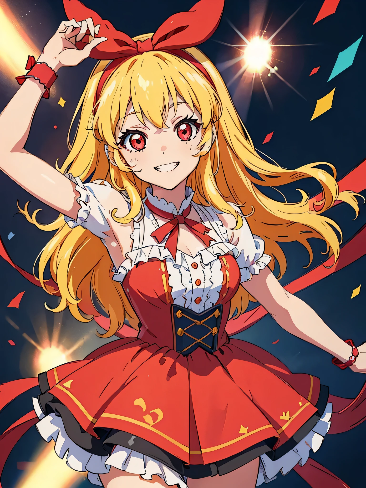 (red ribbon on hairband:1.2),（8K, best quality, muste piece:1.2)、ultra high resolution,1 very cute girl,hosimiya ichigo,ultra-detailed face, detailed eyes,RED eyes,smile, grin, happy,,masterpiece, best quality, extremely detailed, 1 girl,Super ultimate idol, Super ultimate idol costume, live stage, confetti1 girl, 