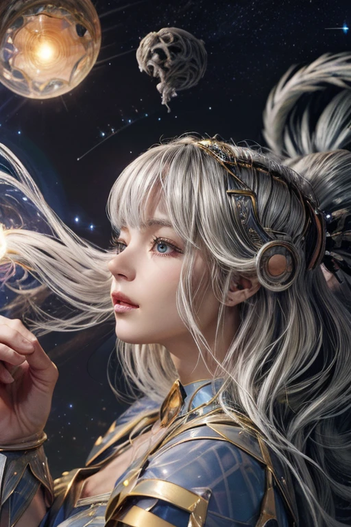 The is very detailed of a cute sorceress wearing a translucent dress. A high resolution, Best quality at best, masterpiece:1.2, actual, Detailed eyes, Detailed lips, Extremely detailed eyes and face, delicate features, gorgeous, platinum blonde hair, floating hair, wind effect, vortices, Long eyelashes, portrait, oil painted, arcane, mystical, cosmic, goddess, Particle, light and shadows, a vibrant, colorful, glowing, complex composition, Movie Lighting, Complex, Symmetrical:0.5, Surreal, Saint Seiya influenced, valkyrie, semi-profile