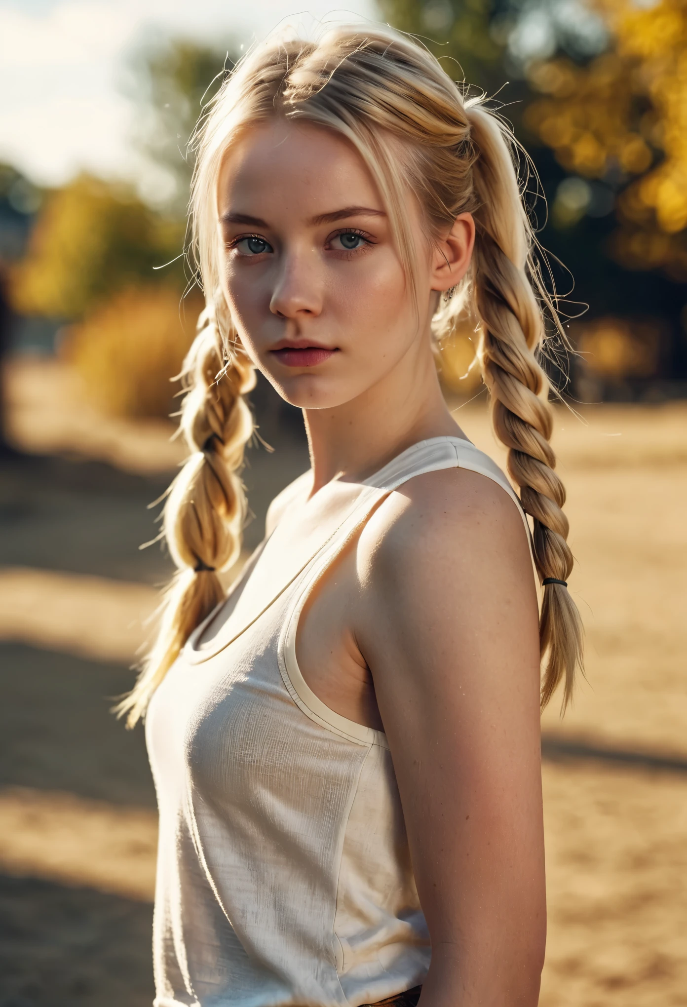 cinematic film still 21year old girl,solo,(pale skin:1.3),blonde hair,long hair,dusty background,sunny day,outdoor background,looking shyly at viewer,pigtails,Ultra-HD-details,true to life,HDR image,High detail resolution,soft eyes,natural skin,high detailed face,high detailed cloth,film photography,vintage,cinematic lighting,realistic,sharp focus,(very detailed),((4K HQ)),depth of field,f/1.2,Leica,8K HDR,High contrast,shadows,bokeh,(detailed and realistic skin texture),(detailed clothing),(detailed background),detailed skin,(highly detailed skin),(8K HDR photo),realistic texture,realistic shadows,accurate to life,living image,lifelike,Ultra-HD-details,vivid contrast,vivid colors,white tank top,Full Body Photograph,Full Body Portrait,Full Body Visible,From a Distance,. shallow depth of field,vignette,highly detailed,high budget,bokeh,cinemascope,moody,epic,gorgeous,film grain,grainy