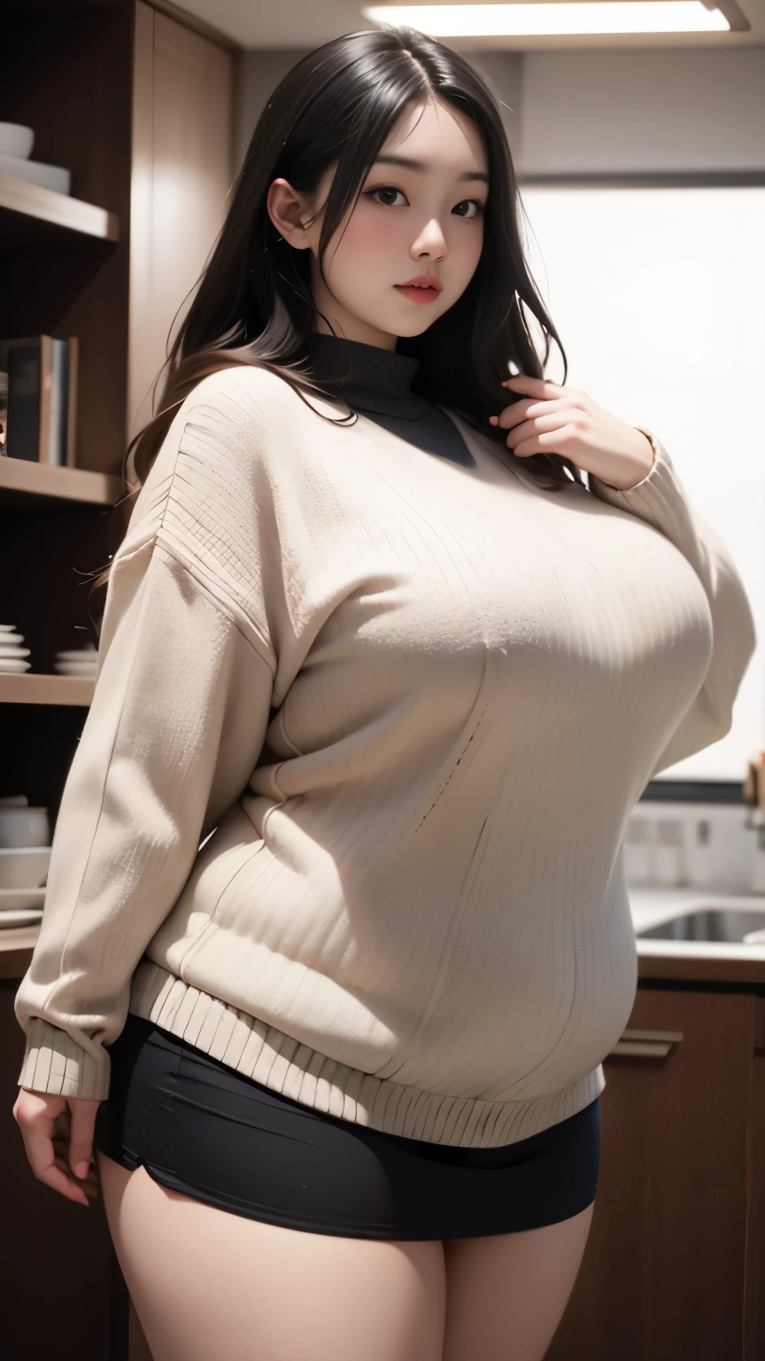 (Best quality,8k,ultra high res:1.2),(Pretty Japanese girl),(Huge breasts:0.8),(sweater), (thick thighs:0.9), (obese body), (black room:1)