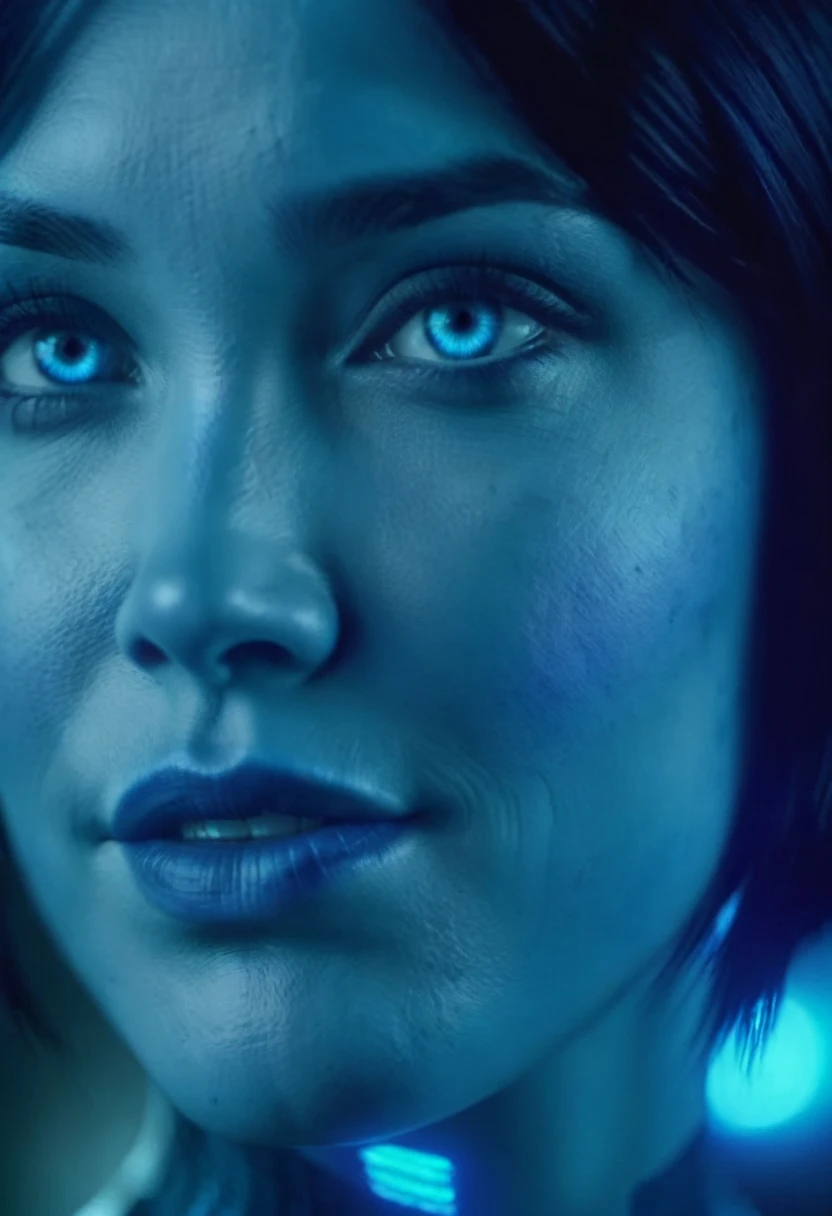 cinematic film still of Cortana Halo a woman with perfect teeth and perfect blue eyes and awesome face is on looking at something, shallow depth of field, vignette, highly detailed, high budget, bokeh, cinemascope, moody, epic, gorgeous, film grain, grainy