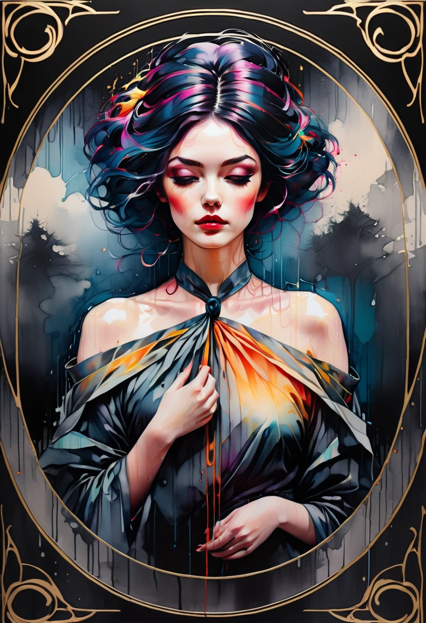 chiaroscuro technique on illustration of an elegant oldies , wet hair, vintage, eerie, matte painting, by Hannah Dale, by Harumi Hironaka, extremely soft colors, vibrant, highly detailed, digital illustrations , high contrast, dramatic, refined, tonal, facial expression