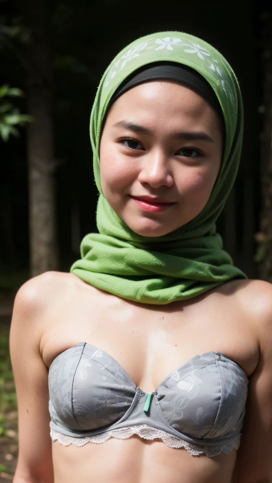 (from behind up) seductive pose, ((Flat Chest:1.2)), (Happy smile), (((HIJAB MALAY GIRL))), masutepiece, High quality, UHD 32K, Realistic face, Realistic skin feeling , A Japanese Lady, 58 years old matured lady, , Very cute and baby-like face, (((FLAT CHEST))), (Night time at forest), ((look In front  at the camera and SADNESS)), (((GREEN & GREEN FLUORESCENT))), (((CUTE GIRL))), ((GREY FLUORESCENT LIPS)), ((Floral Pattern)) little ((wearing pastel lace strapless bra)), dark night background , black forest night, horror scary place, dark and creepy night atmosphere 