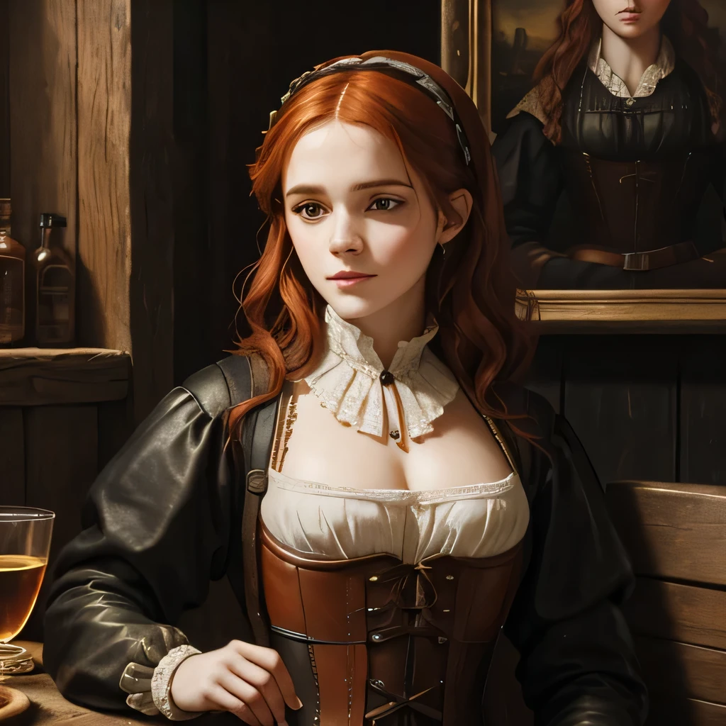 Oil painting of a medieval peasant woman, 16th century oil painting portrait, emma watson with redhair, irish ginger woman, leather corset, medieval tavern, oil painting filter