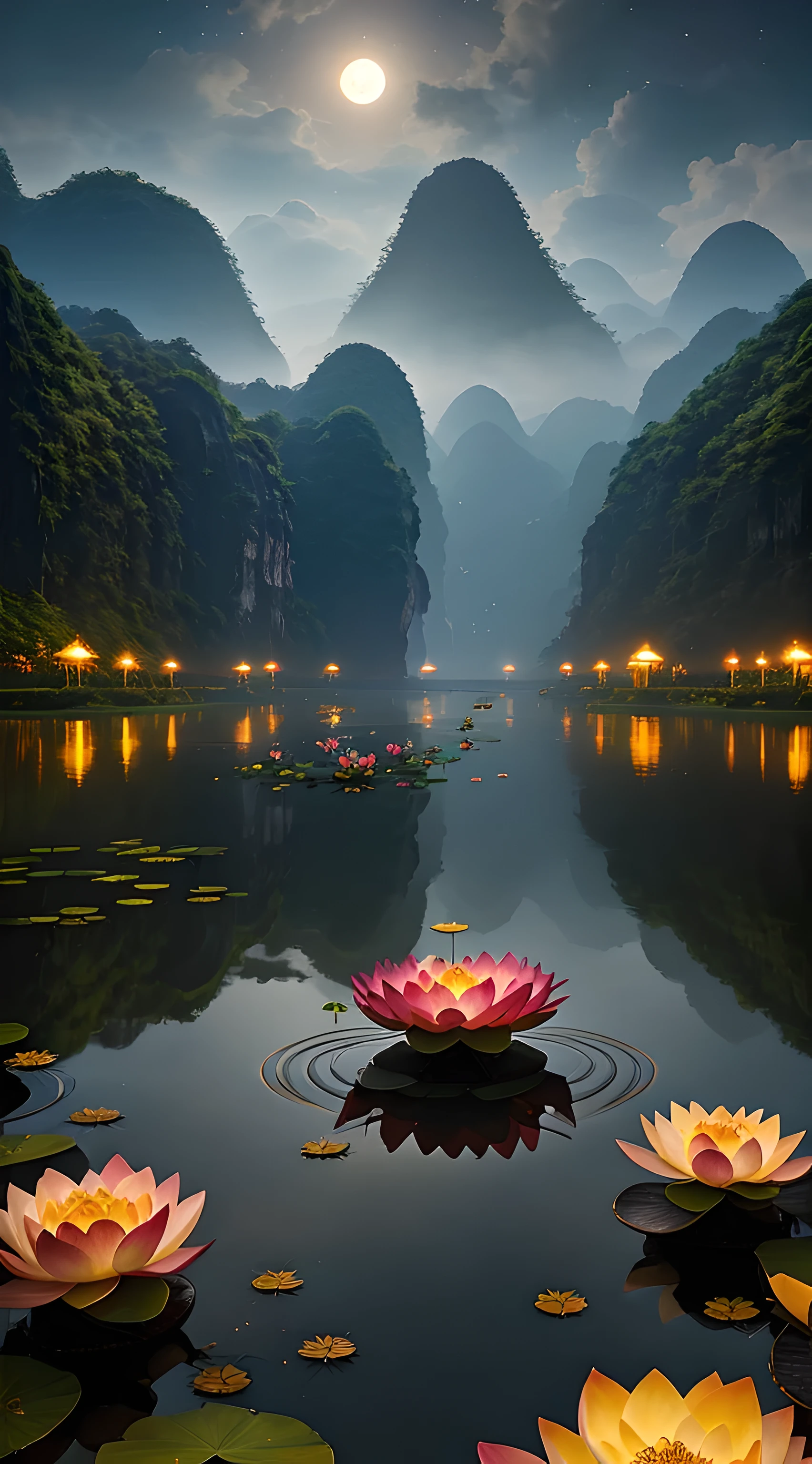 lotus pond, Ningping scenery, Vietnam, Cork, Bidong, Karst, Center, symmetry, painted, Wheels within wheels, Volumetric Lighting, fair, rich dark masterpiece, Sharp focus, Ultra Detailed, Style by Dan Mumford and Mark Simonetti, astrophotography, Bright Moonlight.