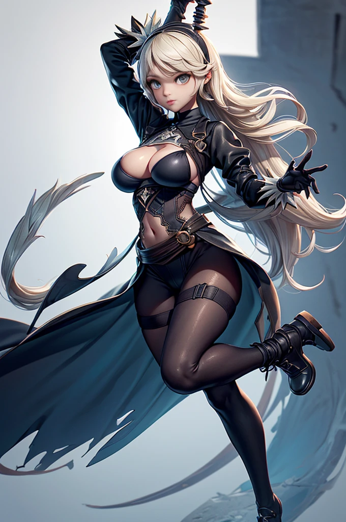 Nier automata, (nier automata), solo, ray tracing, Estilo 3D, 3DMM, corpo inteiro,(Front view), (Emist on the left),(seios muito grande),barriga perfeita, perfect and symmetrical eyes, (perfect handuturistic sword in hand)), ((cabelos curto)), pele clara, cintura fina, pernas grande, low water, Show legs to the top of the waist, (tecido partido caindo sobre as pernas),((top muito aberto)),pele ultra realista, pele ultra detalhada, olhos realistas humano,pele ultra realista,traje super sensual, top com babados,(pubis com muito volume),(extremamente sensual),(very sensual),((saia rodada com texturas detalhas nas extremidades)),((saia rodada com abertura em uma das laterias)),((saia curta projetada para traz)),((bodysuit extremamente fino branco cavado)),((white bodysuit with slit to the waist)),((mid-waist bodysuit)),(mostrar pernaostrar pernas), top quadriculado, fendas da cintura para a coxa, desenhos decorando tecidos, linhas acesas no tecido,texturas bem definidas, dress flying backwards,(((bodysuit cavado branco))),(((bodysuit fino e cavado branco no alto da cintura))),(((ninfa))),(((ninfeta))),((ninfeta)),(((modelo coreana))),(((sling bikini))),((big tits)),(tecido encaixado),((combination of knits)),(((castlevania)))