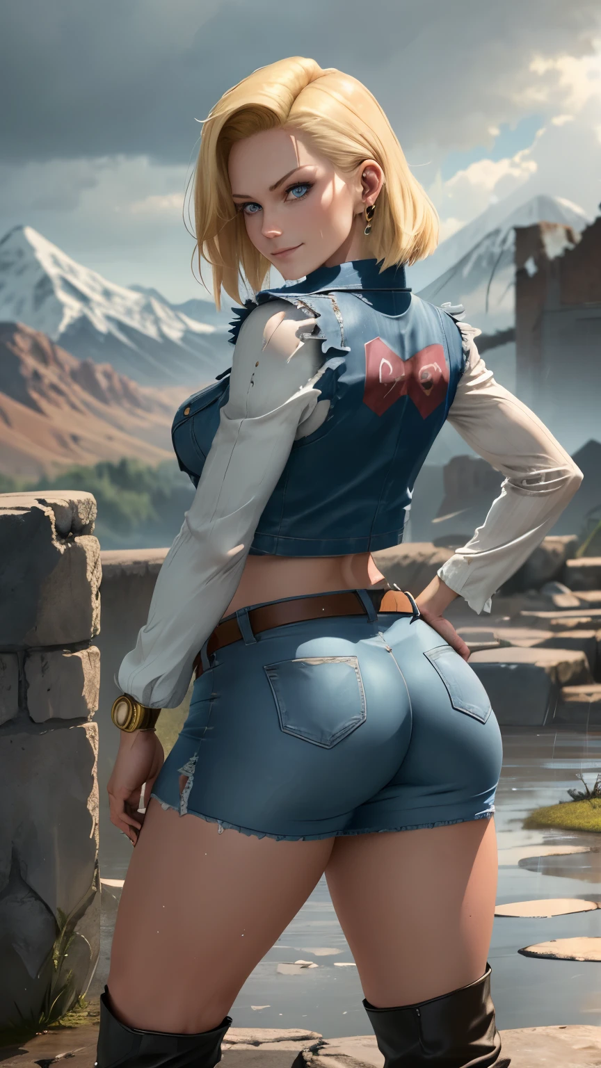 best quality, highres, and18, 1girl, android 18, solo, blonde hair, blue eyes, belt, tight blue denim skirt, high slit, gold_necklace, closed fists, black shirt, short hair, long sleeves, earrings, perfect booty, wide waist, open vest, denim vest, medium breasts, cowboy shot, mountains, straight-on, (weather: raining and windy), wet clothes, fierce smile, combat stance, battle ruins, wide hips, thick thight, wet body, dirty clothes, from behind, full body pict, full body photo shoot