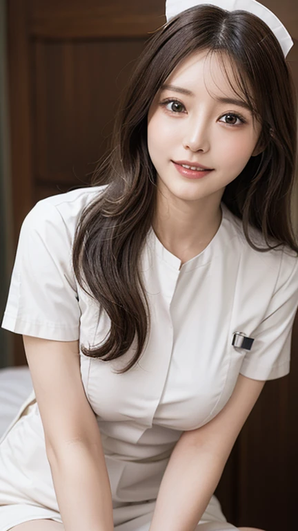 (The Ultimate Beautiful Japan young Woman), hyper-detailed face, Detailed lips, long hair, (grin)、(White Molded Teeth), (cparted lips), ((Wearing a nurse's white uniform:1.4))、((large full breasts)), thighs thighs thighs thighs、(Cowboy Shot:1.3), Perfect fit, depth of fields、Perfect image realism、Meticulous background, detailed costume, Perfect litthing、Hyper-Realism、Photorealsitic、8K maximum resolution, (masterpiece), ighly detailed, Professional, hospital , wear closed , gorgeous face
