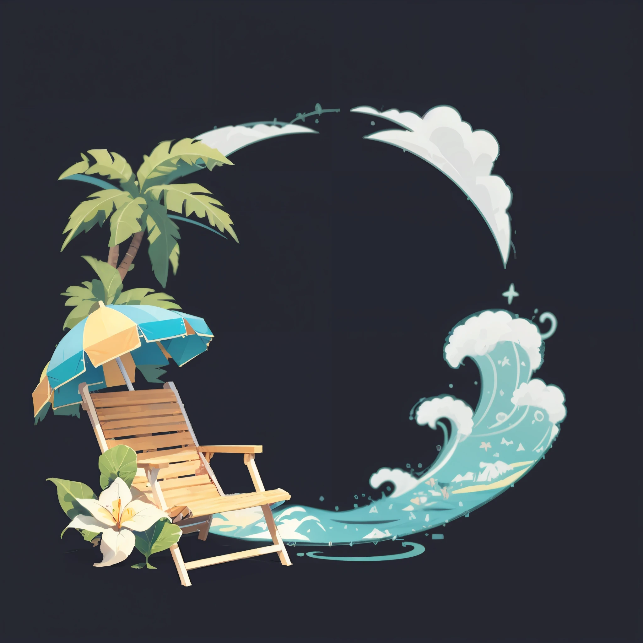 There is a beach chair with a parasol and a palm tree, Seaside background, Relax on the beach, Monsoon on tropical islands, Tropical background, Stylized digital illustration, Island Background, isolated Backdrop, Vacation photos, Beach Background, Summer Festival Background, mobile game background, Stylized game icons, detailed 2d illustration,Clear edges,No blur