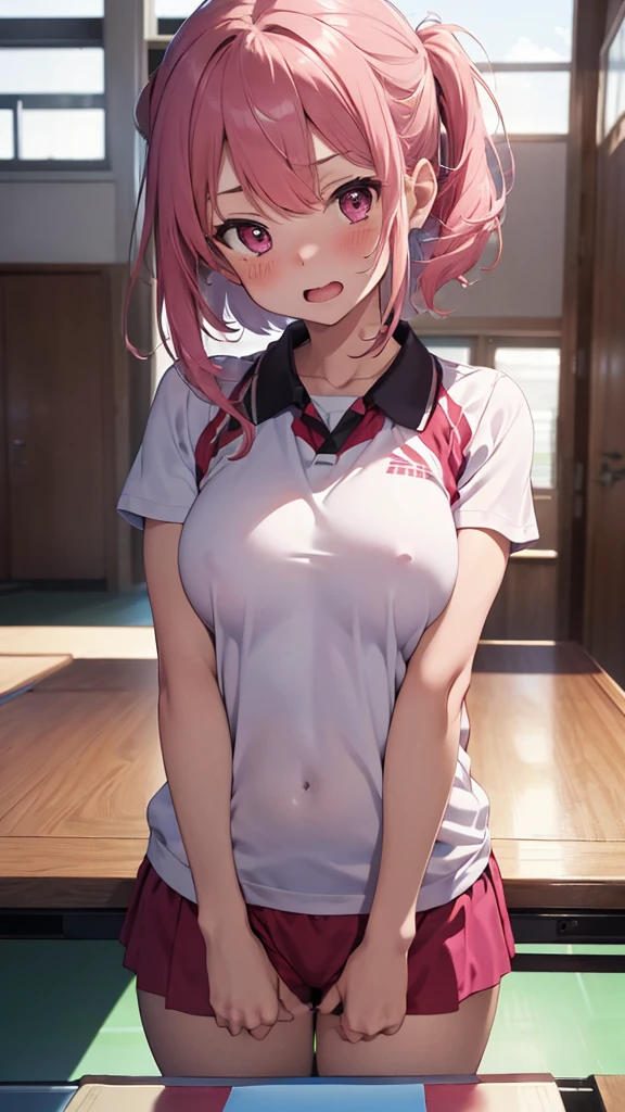 mastute piece,Best Quality,insanely detailed,8k cg,
shoot upper body,
1woman,18age,standing,body in front,looking at viewer,(table tennis uniform),break,
blush,shy,(trembling:1.2),pink hair,break,open mouth,large breast,indoor-sports-field,