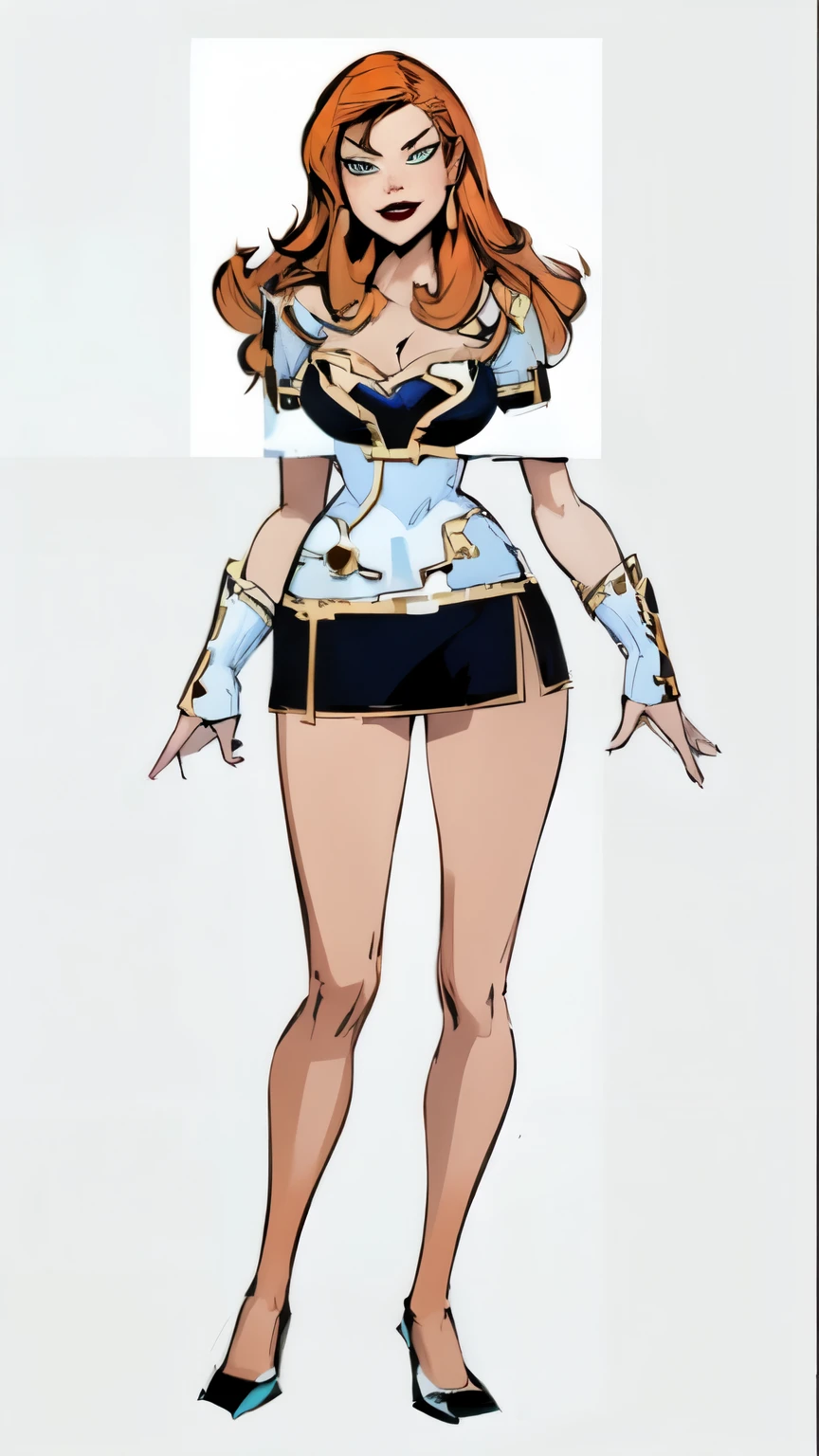 A woman with long orange hair and a skirt，Green eyes，Full figure，Sexy，American comics，Western style，Full body view，Fine details，Full body details，Arm patch，HD，超HD，Official Character Art