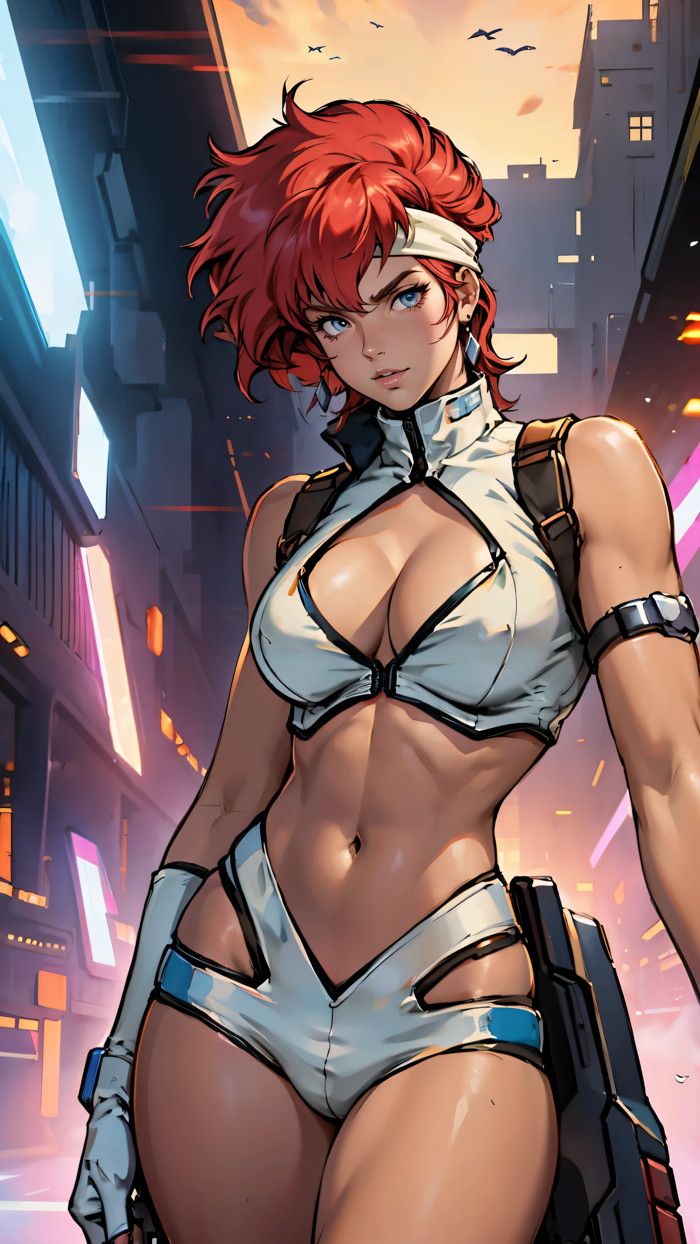 ((Masterpiece, highest quality; 1.3)), super quality, beautiful detail, super detailed, extra fine, 16K, exquisite, absurd, high resolution, beautiful background, detailed background, beautiful eyes, beautiful skin, anime style, Kay from Dirty Pair in a white outfit, tight outfit, cleavage, bushy redhead beauty, very light blue uniform, wearing tight clothes, skimpy, (mid chest: 1.2), cleavage, cleavage, , slim waist, slim thighs, thigh gap, showing stomach, skinny, thin hips, cyberpunk city background, retro space gun holding, headband, 