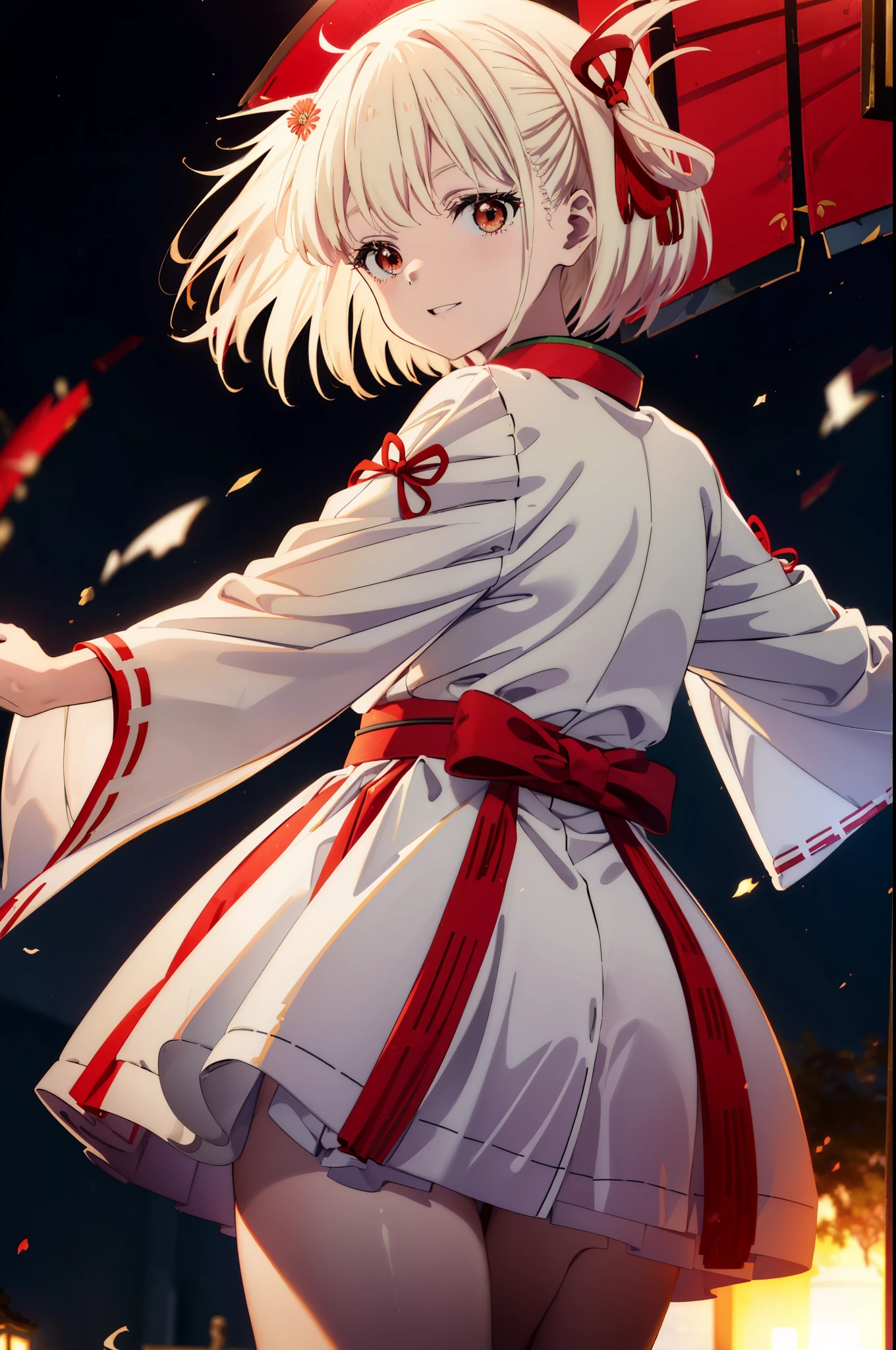 chisatonishikigi, Chisato Nishikigi, short hair, bangs, Blonde, (Red eyes:1.5), hair ribbon, One side up, happy smile, smile, Open your mouth,Bobcut,Platycodon grandiflorum,Miko, White Kimono, Thick sleeves,kimono,Red long hakama, White tabi,Sandals,Wide sleeves, Long sleeve, Ribbon-trimmed sleeves, 
break outdoors, shrine,torii,
break looking at viewer, (Cowboy Shot:1.5),
break (masterpiece:1.2), highest quality, High resolution, unity 8k wallpaper, (figure:0.8), (Beautiful fine details:1.6), Highly detailed face, Perfect lighting, Highly detailed CG, (Perfect hands, Perfect Anatomy),