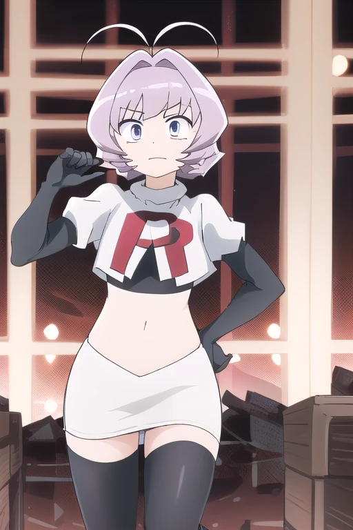 masterpiece, absurdres,male focus, trap, crossdressing,1boy,ON, solo, looking at viewer, team rocket,team rocket uniform,white skirt,red letter R,crop top,black thigh-highs,black elbow gloves, , perfect quality, good quality, masterpiece, HDR, UHD 