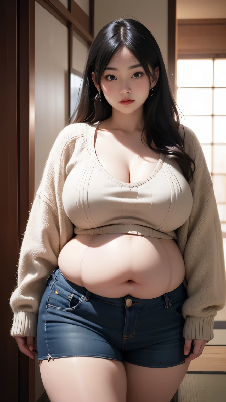 il y a une femme en chemise blanche et culotte noire qui pose, she has a round and big belly, thick, bbwchan, her belly is big and round, sultry body with sexy belly, attractive plus size model, her navel is exposed, hyperrealistic complete figure, corps thick, large stomach, curved model