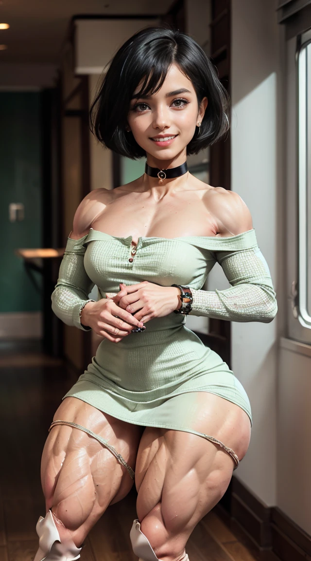 (Muscular:2.7), (thick thighs:2.6),
(female, green eyes, pale skin, jet black hair:1.5), adult, (bob cut:1.5),
(big smile:1.7), detailed eyes, clean skin, low key (DETAILED SKIN),
(small breasts:1.5), hard nipples,
(earrings, eyeshadow, lipstick), (glasses),
(off the shoulder sundress, choker:2.2),
(upper body view), (three quarter view), (looking at viewer),
dark bedroom, rim lighting, two tone lighting, dimly lit, bokeh