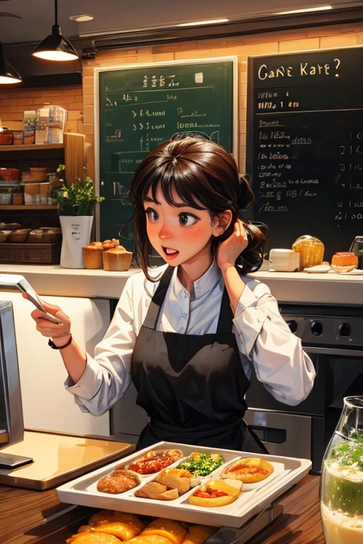 Describe a female cashier at a simple cafe who is surprised and confused when she receives a new order
