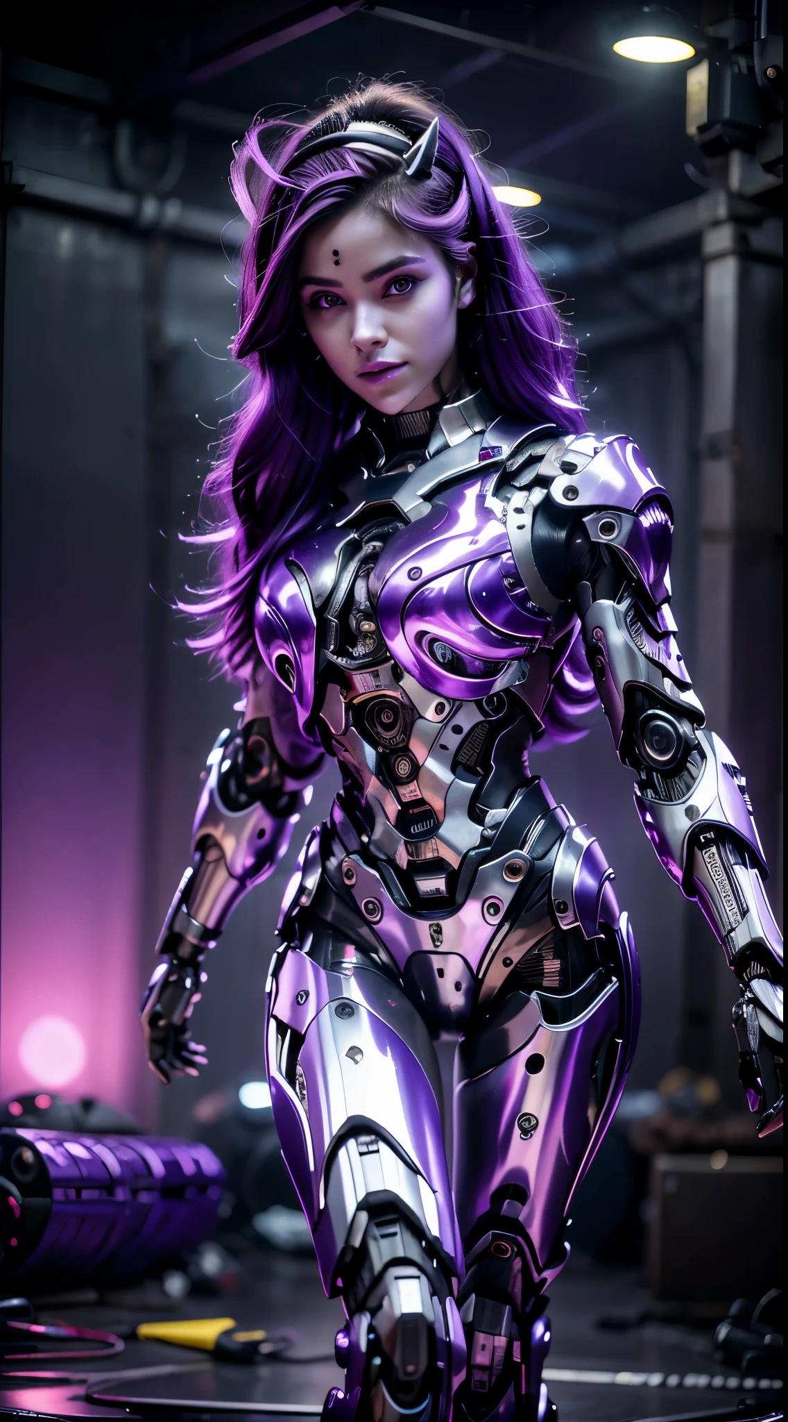 Ciberpunk, ciborgue feminino, Habilidade especial, uniforme, Aprimoramento Mecanizado, beleza, cabelo preto, Japan, joelho para cima, Rosto bonito, Corpo fino, rabo de cavalo, mechanical eyes, ((Olhos roxo: 1.2)), olhos brilhantes, Prosthetic Arms, prosthetic legs