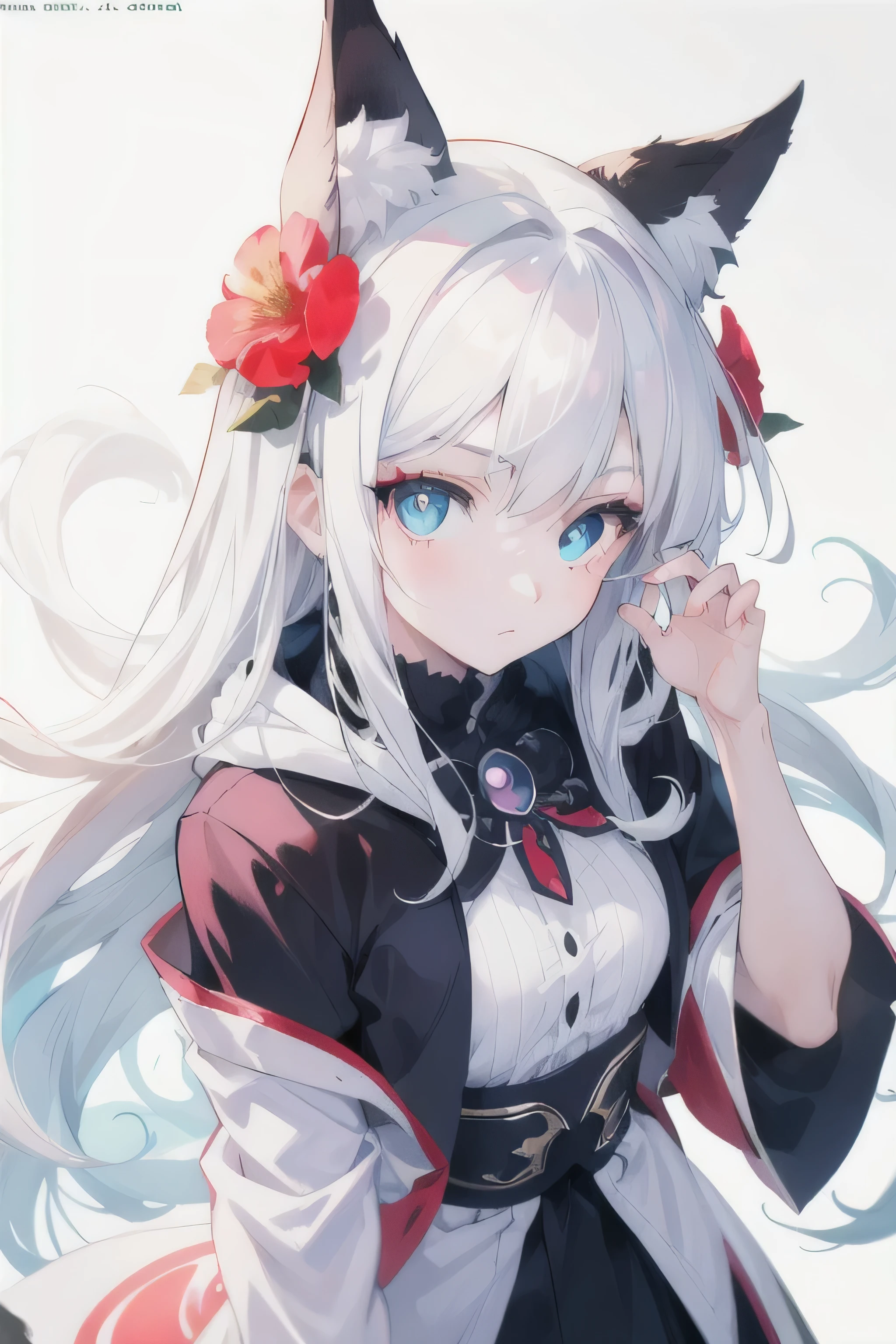 ((A sophisticated eye)),Red pupils,anime girl with long white hair and blue eyes,There are flowers in the hair, White-haired God, Anime Style 4K, anime art wallpaper 4k, anime art wallpaper 4k, White Hair Girl, anime art wallpaper 8k, Best Anime 4K Konachan Wallpaper, beautiful anime portrait, Detailed digital anime art, Detailed portrait of an anime girl
