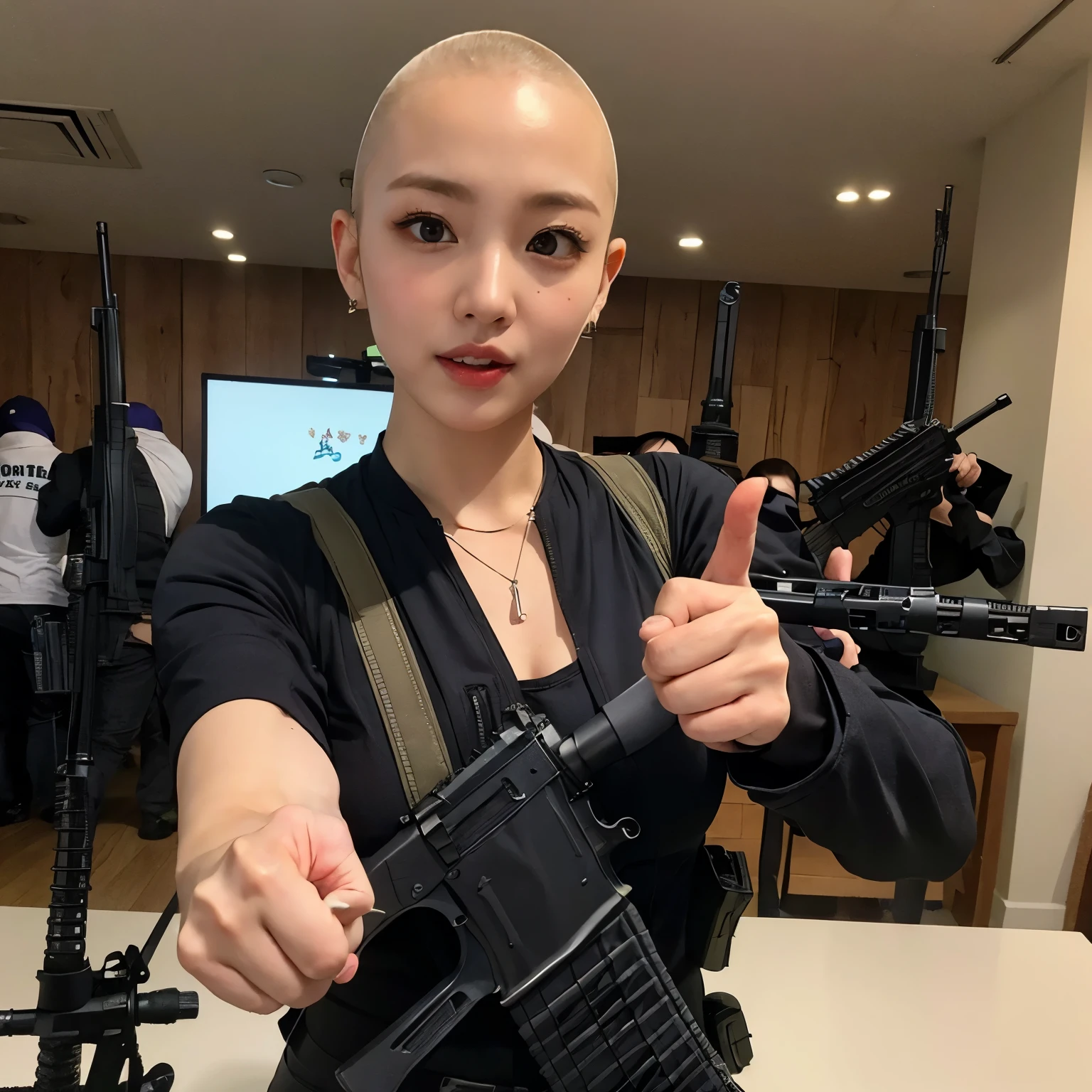 Make an index finger and point it at the camera