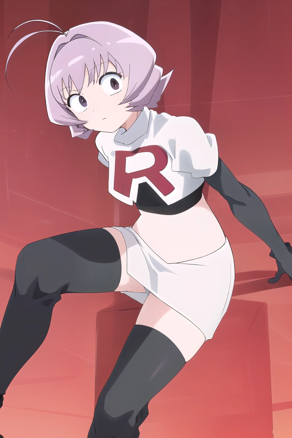 masterpiece, absurdres,male focus, trap, crossdressing,1boy,ON, solo, looking at viewer, team rocket,team rocket uniform,white skirt,red letter R,crop top,black thigh-highs,black elbow gloves, , perfect quality, good quality, masterpiece, HDR, UHD