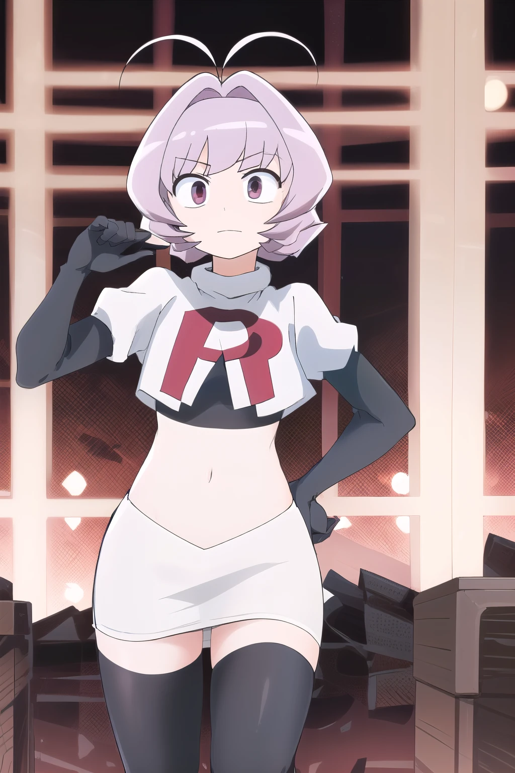 masterpiece, absurdres,male focus, trap, crossdressing,1boy,ON, solo, looking at viewer, team rocket,team rocket uniform,white skirt,red letter R,crop top,black thigh-highs,black elbow gloves, , perfect quality, good quality, masterpiece, HDR, UHD