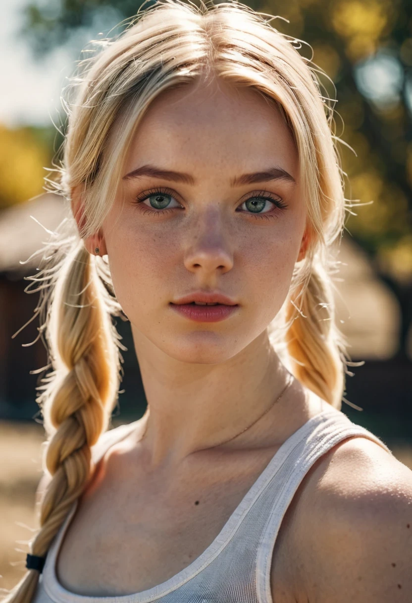 cinematic film still 21year old girl,solo,(pale skin:1.3),blonde hair,long hair,dusty background,sunny day,outdoor background,looking shyly at viewer,pigtails,Ultra-HD-details,true to life,HDR image,High detail resolution,soft eyes,natural skin,high detailed face,high detailed cloth,film photography,vintage,cinematic lighting,realistic,sharp focus,(very detailed),((4K HQ)),depth of field,f/1.2,Leica,8K HDR,High contrast,shadows,bokeh,(detailed and realistic skin texture),(detailed clothing),(detailed background),detailed skin,(highly detailed skin),(8K HDR photo),realistic texture,realistic shadows,accurate to life,living image,lifelike,Ultra-HD-details,vivid contrast,vivid colors,white tank top,Full Body Photograph,Full Body Portrait,Full Body Visible,From a Distance,. shallow depth of field,vignette,highly detailed,high budget,bokeh,cinemascope,moody,epic,gorgeous,film grain,grainy