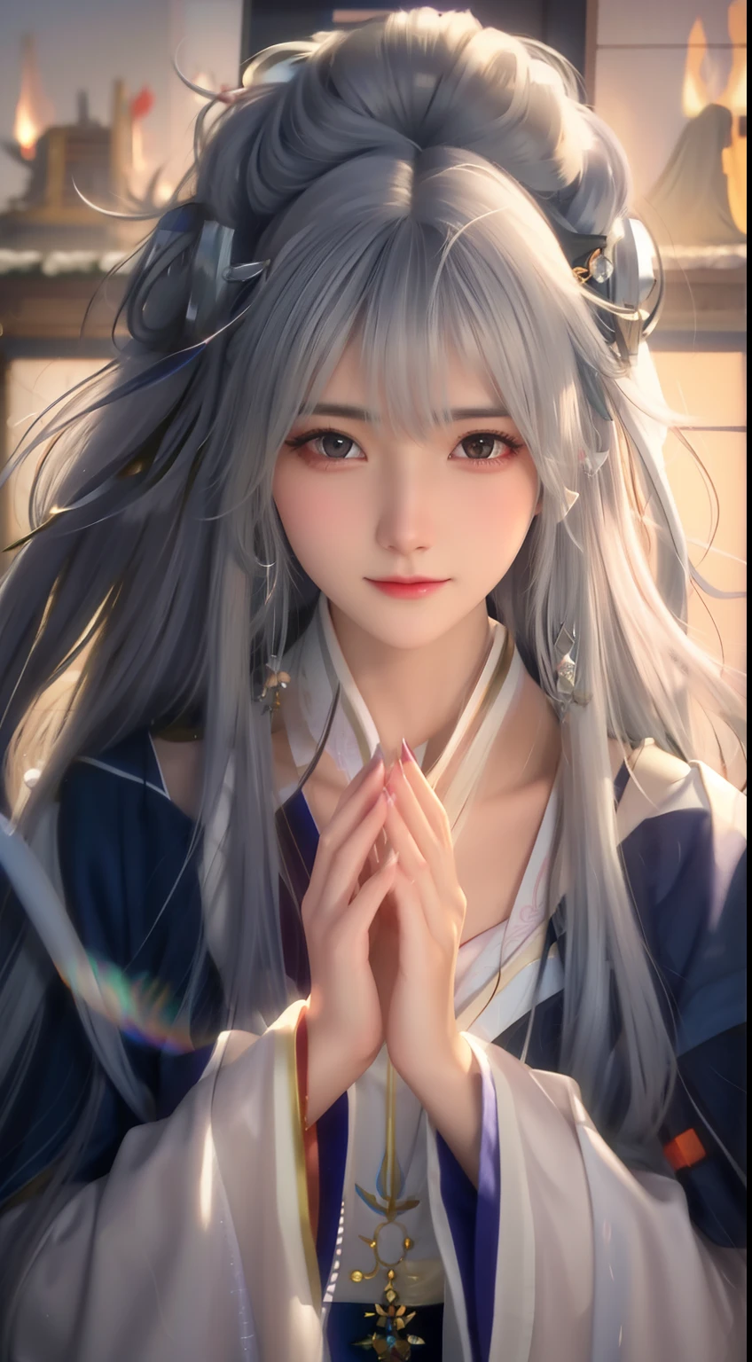 a close up of a woman with long hair and a white robe, white haired deity, artwork in the style of guweiz, guweiz, with white long hair, flowing hair and long robes, with long white hair, beautiful anime portrait, anime girl with long hair, white hime cut hairstyle, beautiful anime girl, beautiful anime woman, guweiz masterpiece, detailed realistic hands,