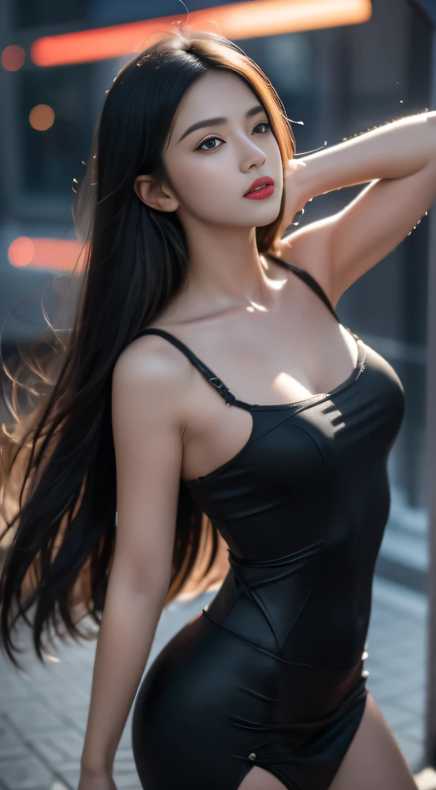 Black Hair, Hair shaking, victory, Long eyelashes, Solid round eye, A faint smile, ears red, direction, Surrealism, shadow, Relief, Stereogram, Standing picture, View, Atmospheric perspective, 8k, Super Detail, precise, best quality，((best quality)), ((masterpiece)), (detailed:1.4), 3D, Image of beautiful cyberpunk woman,HDR (High Dynamic Range),Ray Tracing,NVIDIA RTX,Super Resolution,Unreal 5,Subsurface scattering,PBR Textures,Post-Processing,Anisotropic filtering,Depth of Field,Maximum clarity and sharpness,Multi-layered textures,Albedo and highlight maps,Surface Shading,Aprecisely simulate the interaction of light with materials,Perfect proportion,Octane Rendering,Two-color lighting,Large aperture,Low ISO,White Balance,Rule of Thirds,8K Native,