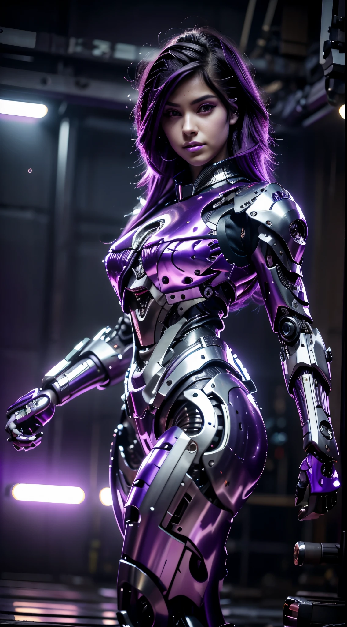 Ciberpunk, ciborgue feminino, Habilidade especial, uniforme, Aprimoramento Mecanizado, beleza, cabelo preto, Japan, joelho para cima, Rosto bonito, Corpo fino, rabo de cavalo, mechanical eyes, ((Olhos roxo: 1.2)), olhos brilhantes, Prosthetic Arms, prosthetic legs