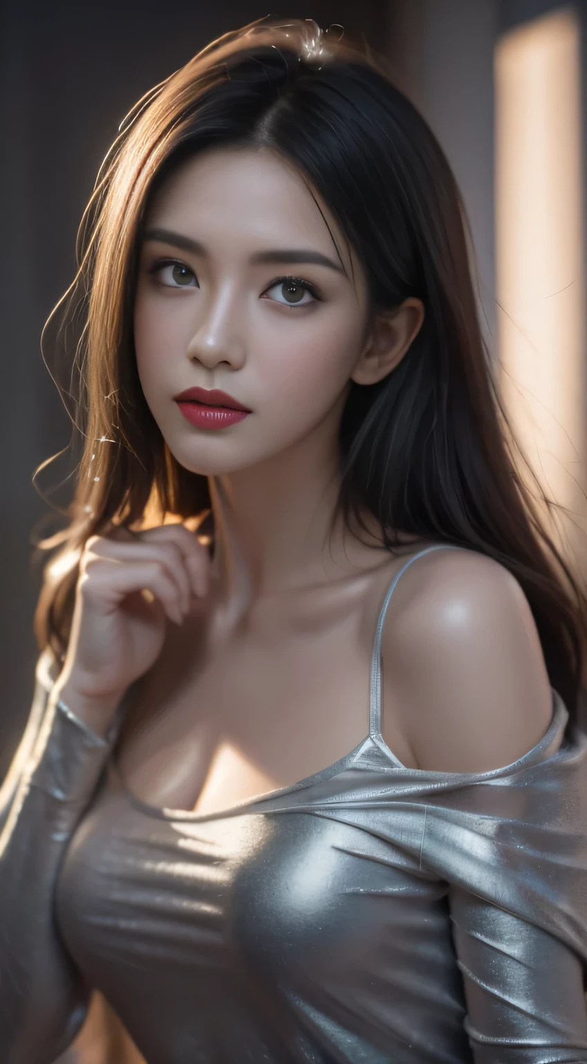 Black Hair, Hair shaking, victory, Long eyelashes, Solid round eye, A faint smile, ears red, direction, Surrealism, shadow, Relief, Stereogram, Standing picture, View, Atmospheric perspective, 8k, Super Detail, precise, best quality,((best quality)), ((masterpiece)), (detailed:1.4), 3D, Image of beautiful cyberpunk woman,HDR (High Dynamic Range),Ray Tracing,NVIDIA RTX,Super Resolution,Unreal 5,Subsurface scattering,PBR Textures,Post-Processing,Anisotropic filtering,Depth of Field,Maximum clarity and sharpness,Multi-layered textures,Albedo and highlight maps,Surface Shading,Aprecisely simulate the interaction of light with materials,Perfect proportion,Octane Rendering,Two-color lighting,Large aperture,Low ISO,White Balance,Rule of Thirds,8K Native,