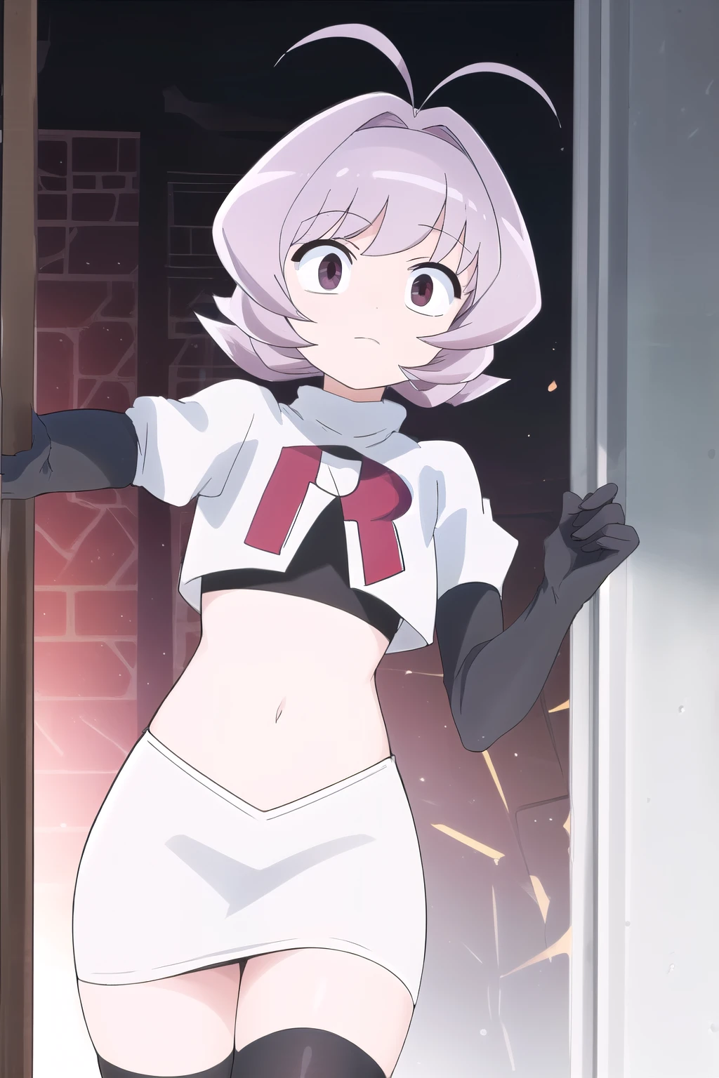 masterpiece, absurdres,male focus, trap, crossdressing,1boy,ON, solo, looking at viewer, team rocket,team rocket uniform,white skirt,red letter R,crop top,black thigh-highs,black elbow gloves, , perfect quality, good quality, masterpiece, HDR, UHD 