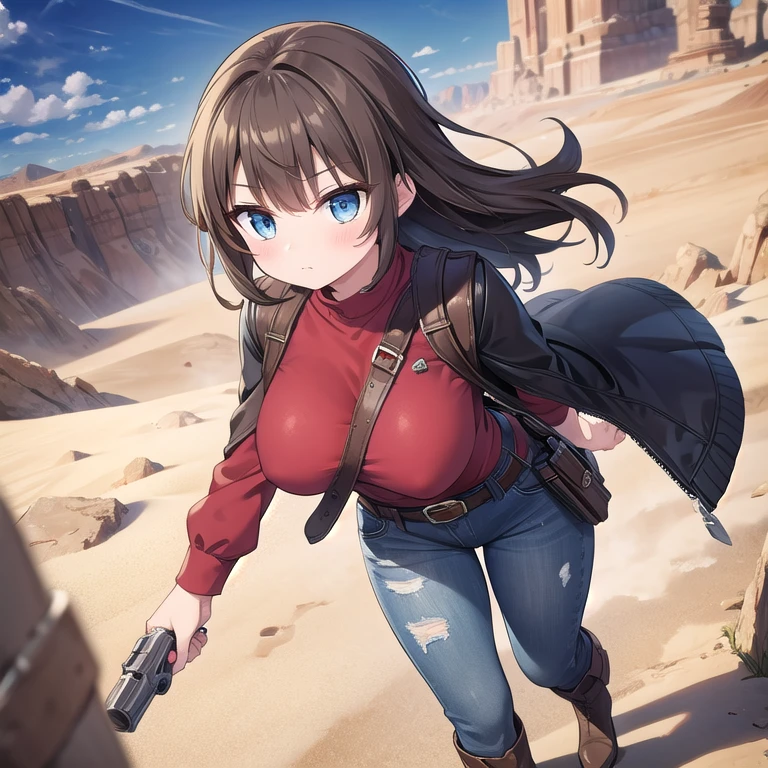 ((Masterpiece)), (Best Quality), (Perfect Lighting), (Perfect Shadows), (Solo), ((Accurately Detailed)), A Pretty Girl, with Long Dark-Brown hair, Beautiful Blue eyes, wide hips, Large Breasts, and is slightly muscular. Wearing a worn Solid Red Shirt, worn Jeans, (a Brown Leather Belt, with a gun-holster containing a Revolver in it), and Dark-Grey Boots. She is walking in the Deserts of Nevada, so her clothes are dusty and have sand on them. She is looking for Graboids, but hasn’t seen any yet. With a very cautious and slightly fearful expression.
