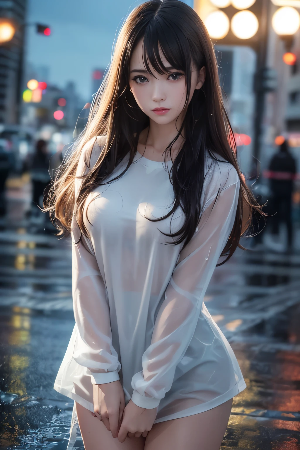 (8k Raw Photo,highest quality,Hyperrealistic:1.5,masterpiece:1.2), (Realistic, photo-Realistic:1.37), One girl, (J-Pop Idol) cute, clear amber eyes, Cityscape, rain, Wet Hair,Medium Hair,Wet clothes, Professional Lighting, Photon Mapping, Radio City, Physically Based Rendering, Drops dripping from my hair:1.2,