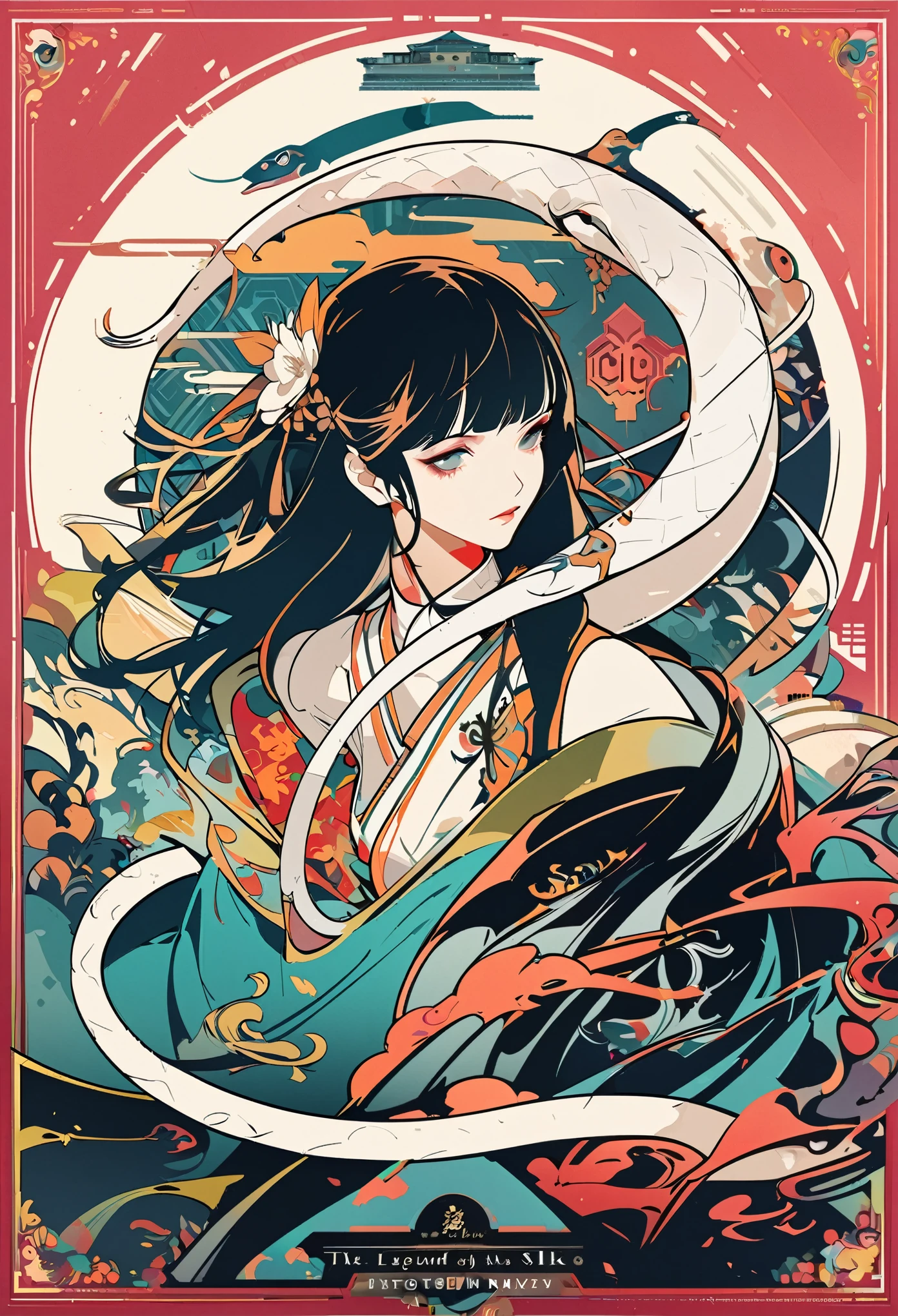 cover page, The Legend of the White Snake, Bai she zhuàn, flat Design, vector illustrations, graphic illustration, detailed 2d illustration, flat illustration, digital illustration, digital artwork,