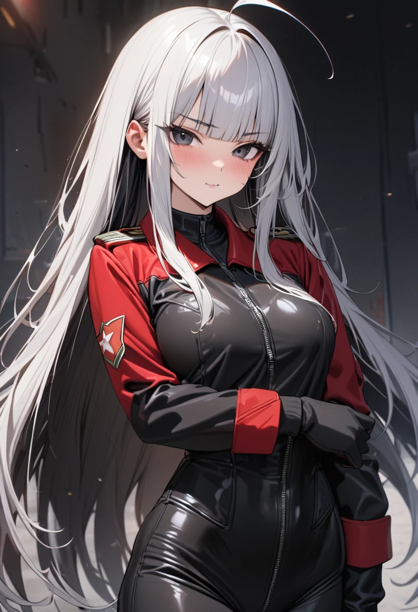 masterpiece, best quality, ultra detailed, 1girl, , mature, white hair, very long hair, ahoge, straight hair, blunt bangs, black eyes, cool face, red army jacket, , black inner body suit,