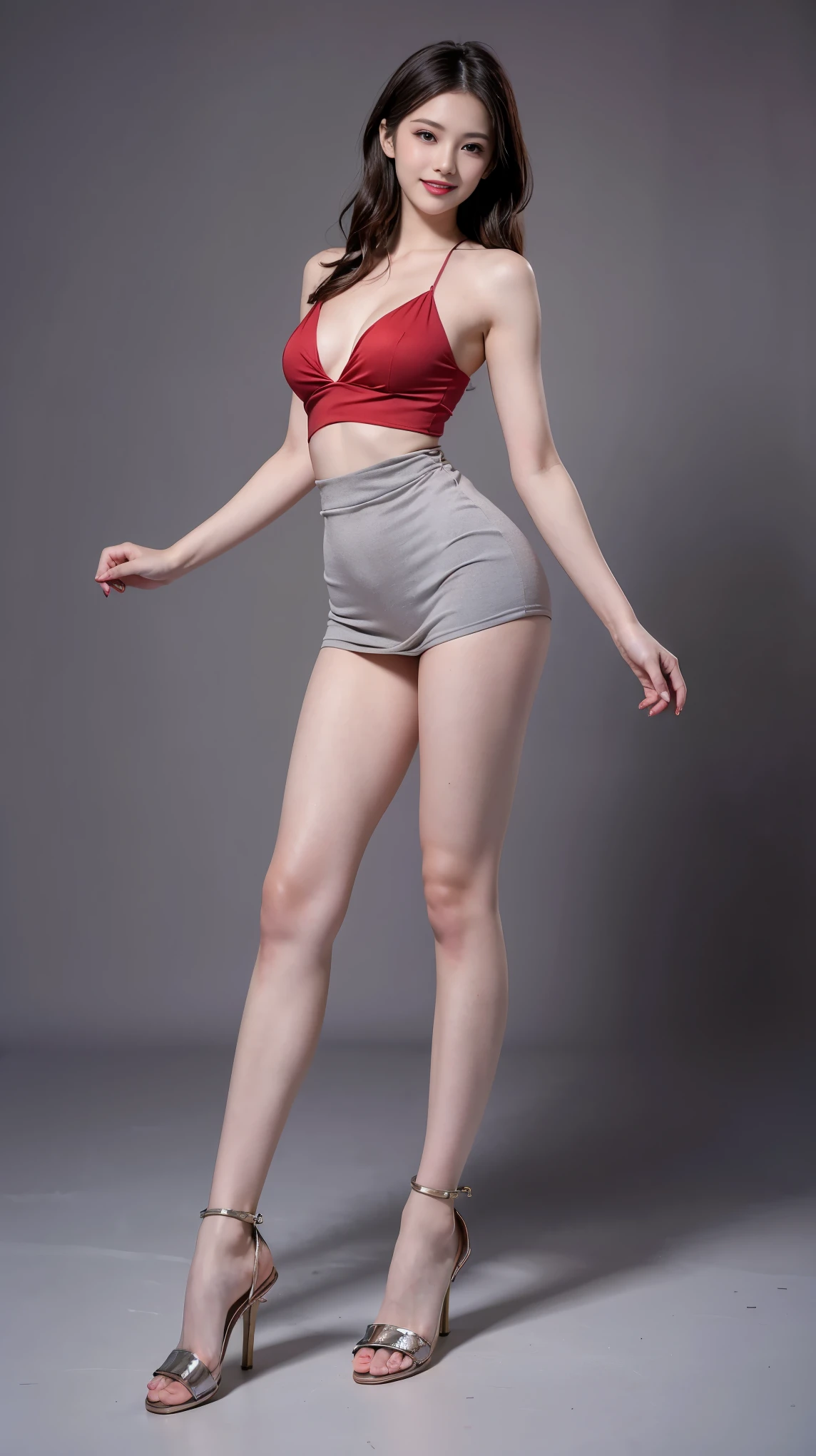 highest quality,masterpiece,Ultra-high resolution,Original photo,Ultra-high resolution，Beautiful woman 25 years old woman&#39;Fashion that was popular in the 1990s，Long legs:1.5，high waist，Full Body，Flashy makeup using red eyeshadow，Big smile，Short cut with subtle side waves，Gray background，