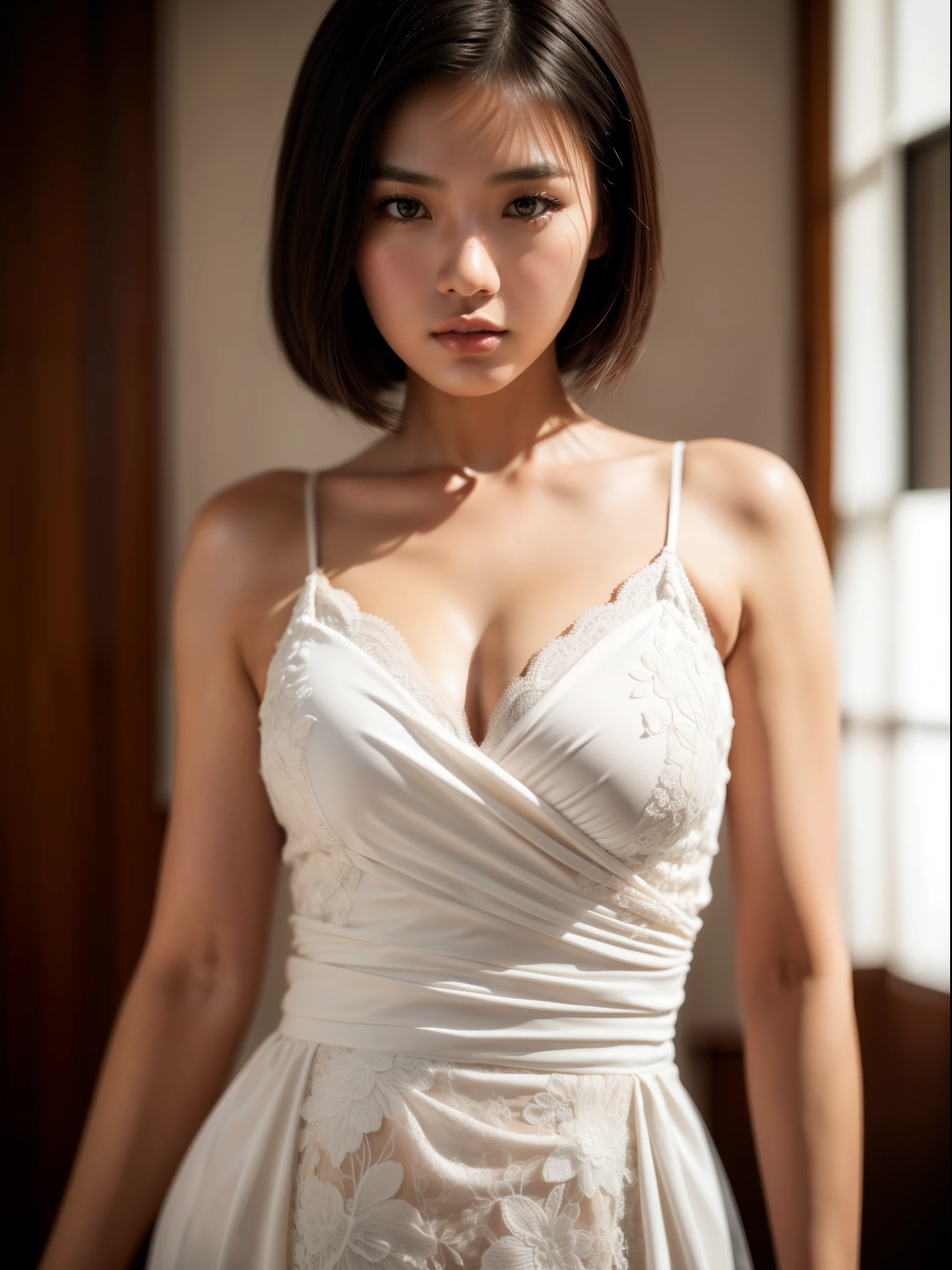 best quality, masterpiece,intricate detail, depth of field,highest quality,extremely detailed,high res,4k,ultra high res,detailed shadow,ultra realistic,realistic,dramatic lighting, 1 filipina girl, (Ericka 2:1), tanned skined, solo,detailed face,detailed eye,realistic skin,narrow waist,lace, lace trim,dress,delicate pattern, intricate detail, upper body shot, curvy body, brown skined