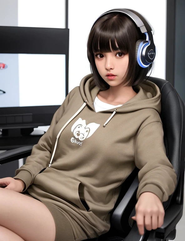 Did G, One girl, Detailed skin, View your viewers, Brown eyes, (Short hair with bangs:1.2), (Medium chest:1.0), (middle breast wheel:0.8), 
(Realistic:1.4), (highest quality:1.0), (Ultra-high resolution:1.0), 8k, RAW Photos, (masterpiece:0.2), (Purelos Face_v1:0.5), hoodie, Gaming Chair, headphone