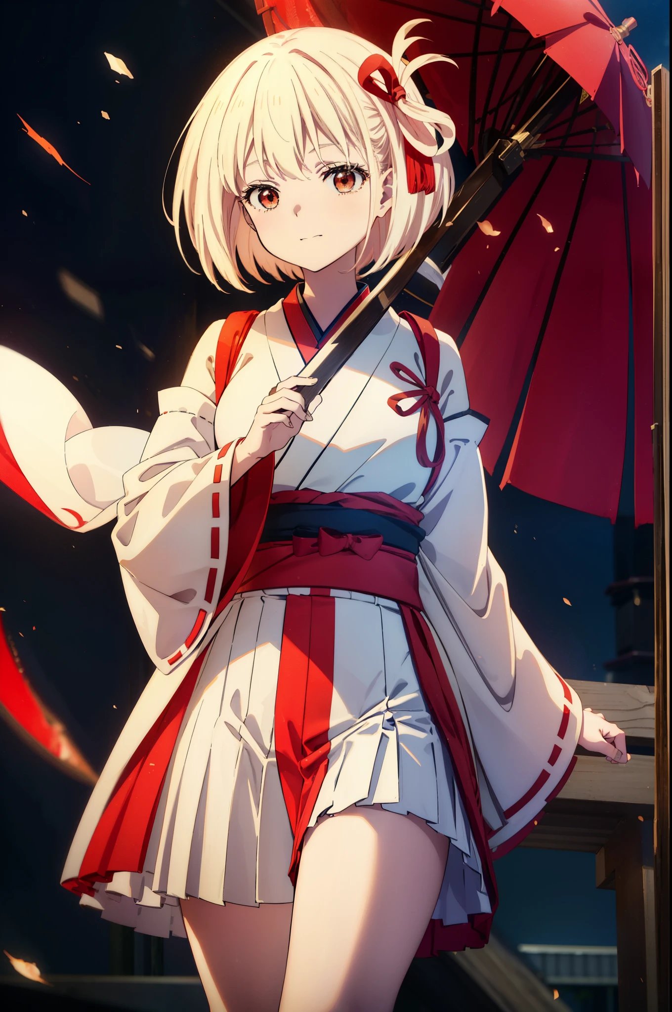 chisatonishikigi, Chisato Nishikigi, short hair, bangs, Blonde, (Red eyes:1.5), hair ribbon, One side up, happy smile, smile, Open your mouth,Bobcut,Platycodon grandiflorum,Miko, White Kimono, Thick sleeves,kimono,Red long hakama, White tabi,Sandals,Wide sleeves, Long sleeve, Ribbon-trimmed sleeves, noon,Clear skies,
break outdoors, shrine,torii,
break looking at viewer, (Cowboy Shot:1.5),
break (masterpiece:1.2), highest quality, High resolution, unity 8k wallpaper, (figure:0.8), (Beautiful fine details:1.6), Highly detailed face, Perfect lighting, Highly detailed CG, (Perfect hands, Perfect Anatomy),