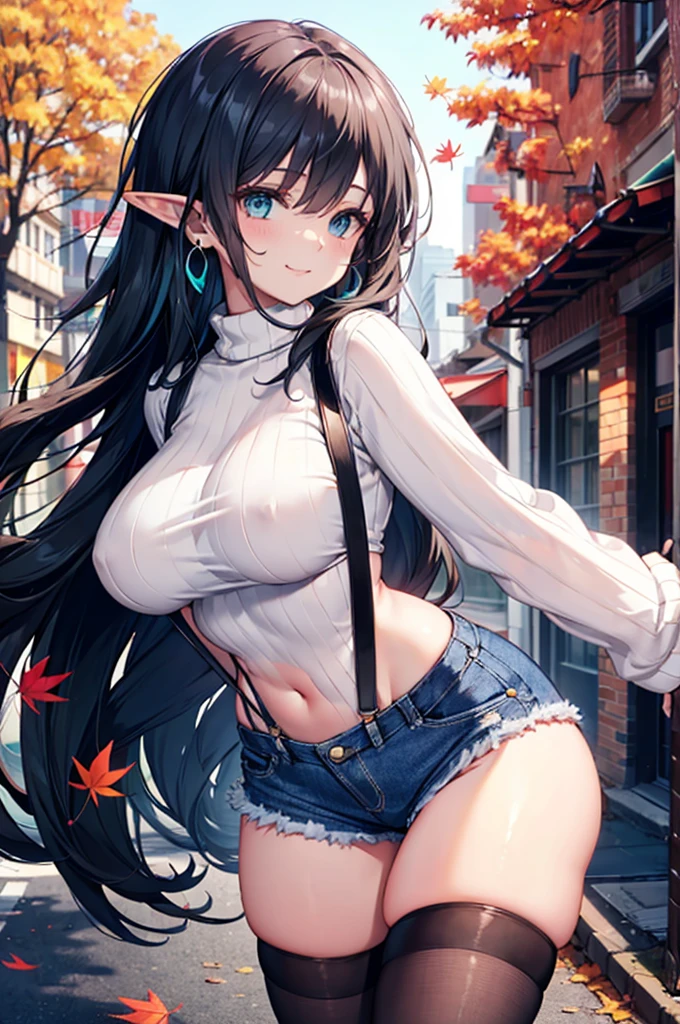 Realistic and detailed image of an elf. In a chunky knit sweater. denim minishorts, suspenders. stockings to mid-thigh. Unusually shiny long silky black hair combed to the right side. turquoise eyes. She has earrings and long eyelashes. Large breasts, slim waist, very wide hips and thick thighs. Smiling. Arched back. Posing sensually. Autumn. Falling leaves. Windy day. City with trees. Volumetric light. Ambient light.